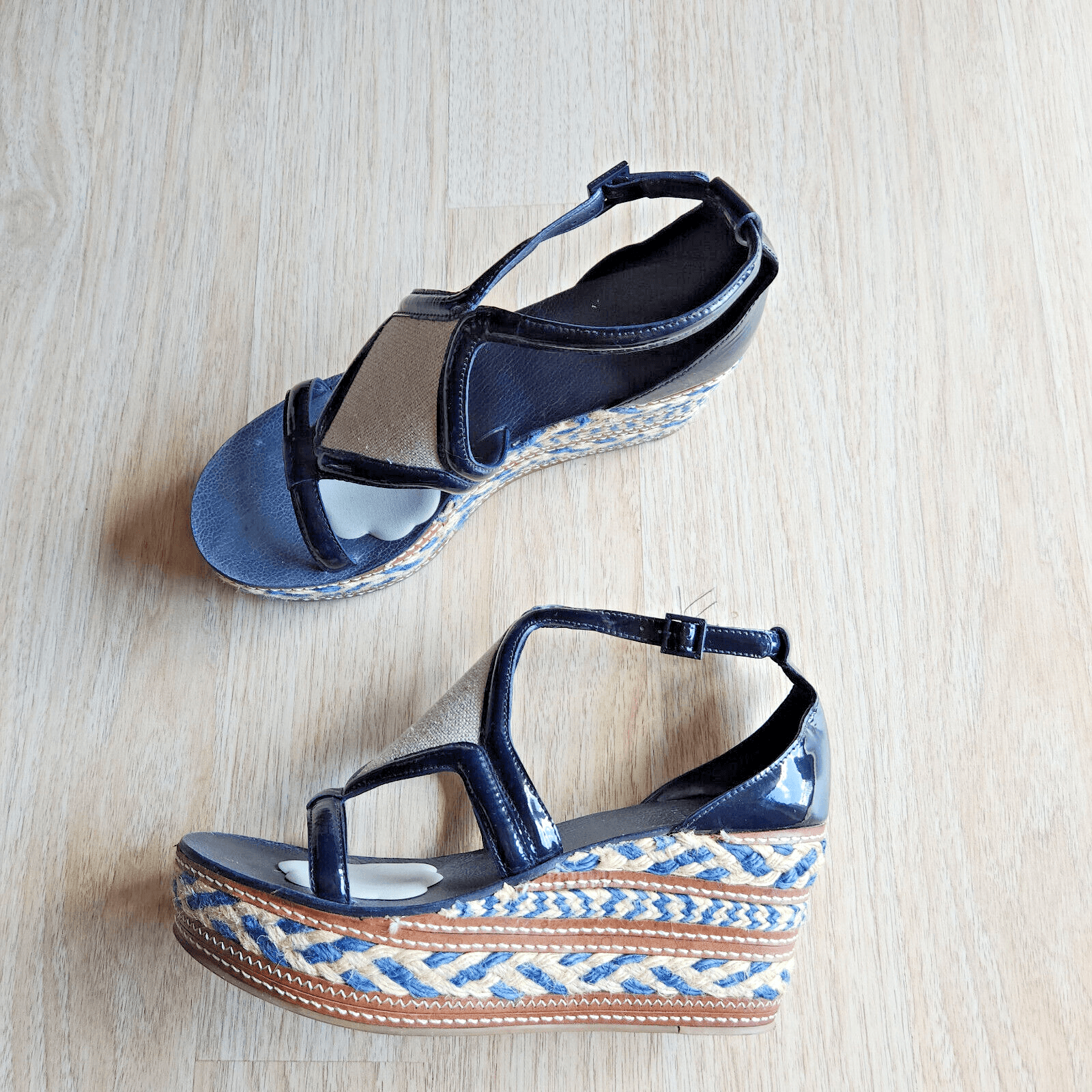 Tory Burch Leather 3" Woven Jute Wedge Platform Shoes Open Toe Ankle Strap US10M