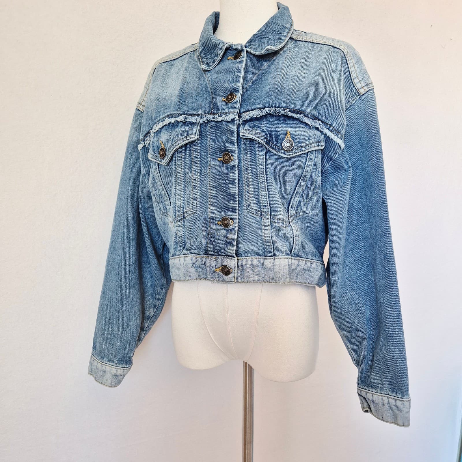 Free People Bedford Cropped Denim Jacket Distressed Medium Wash Cotton Women's S