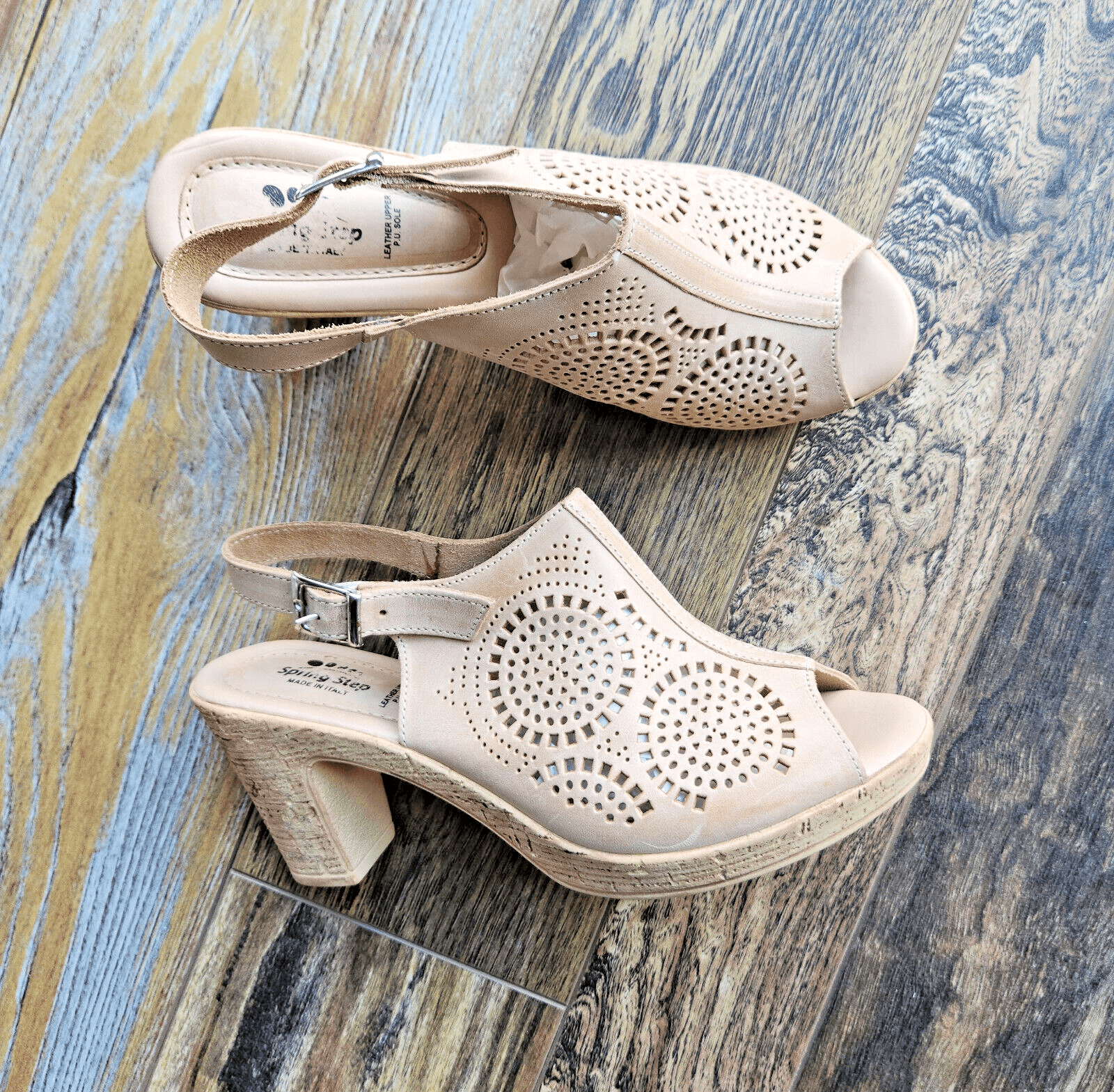 NWoB Spring Step Liberty Laser-Cut Leather Slingback Sandals Buckle Beige EU40