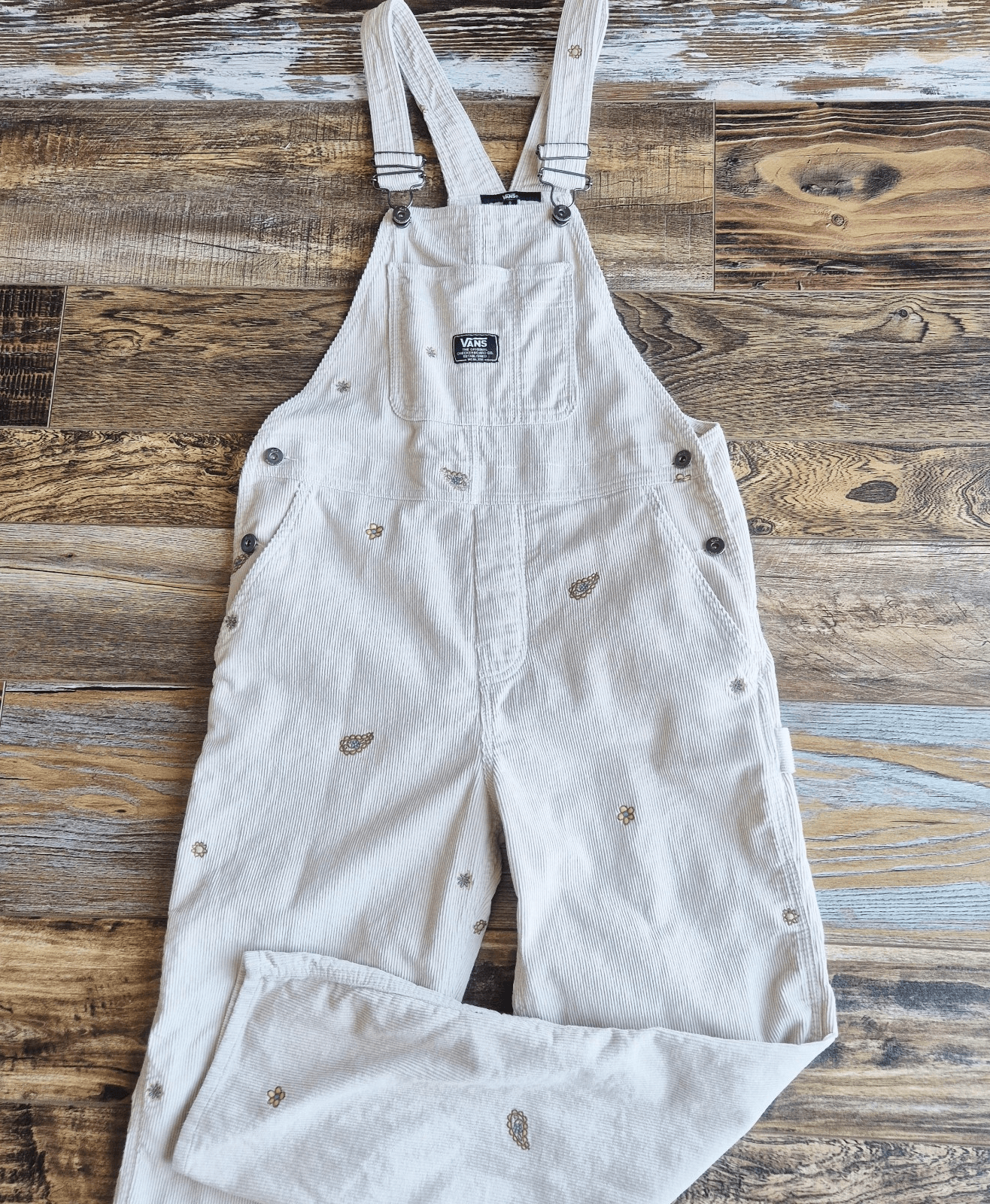 Vans Women's S Ground Work Hollywell Embroidered Corduroy Overalls Cotton Beige