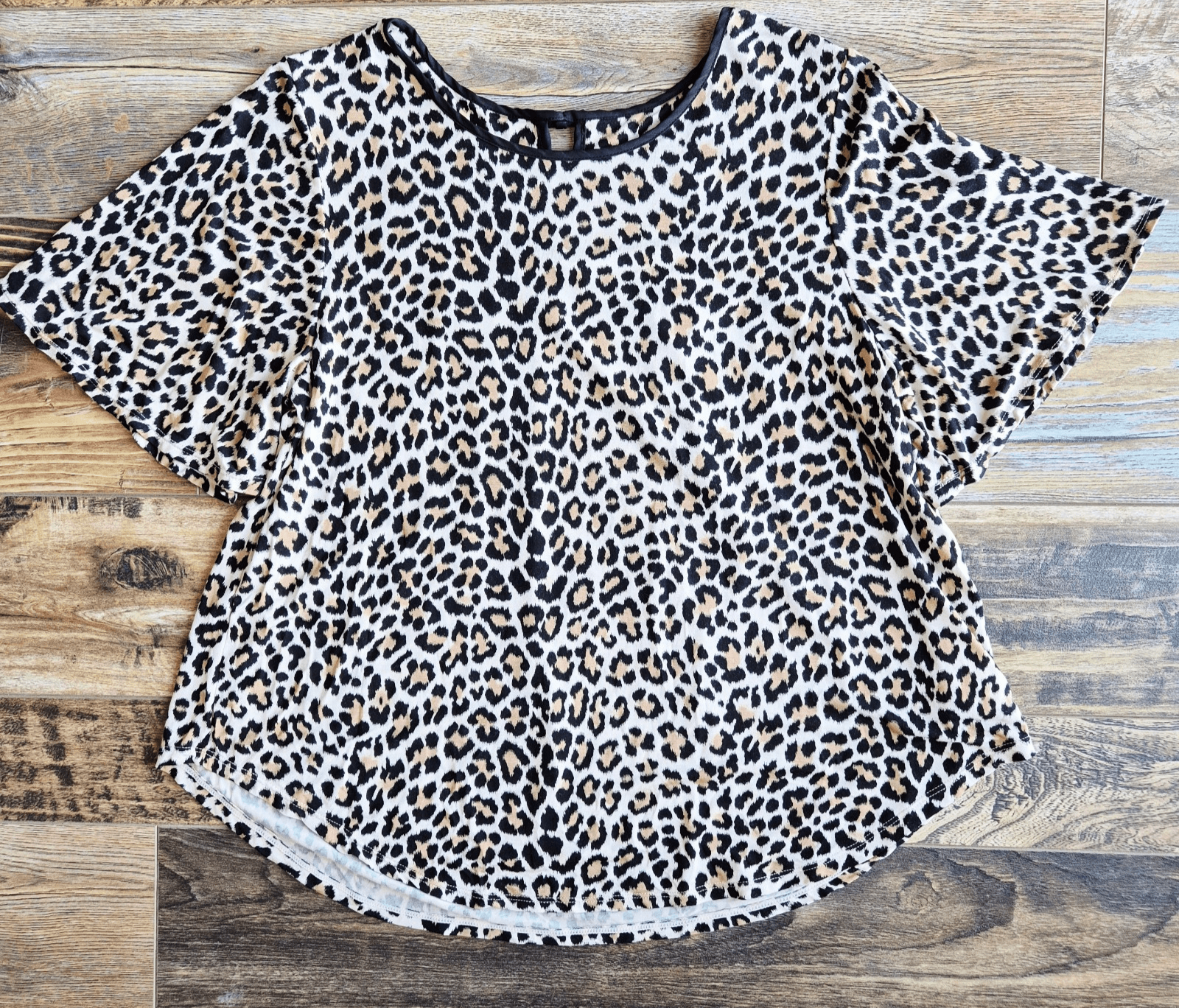 Kate Spade New York Leopard Stretch Jersey Top Flutter Sleeve Brown Women's S