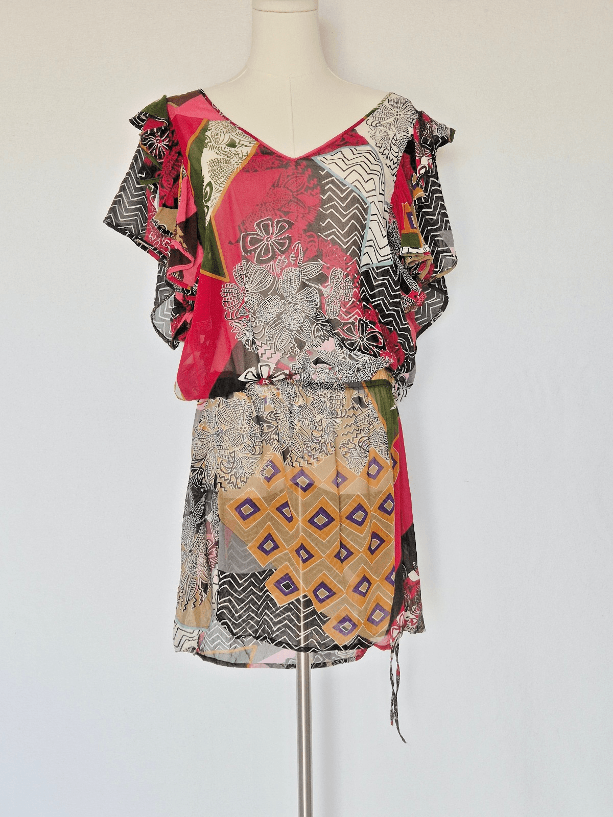 Pinkerton Anthropologie Silk Sheer Geo-Printed Ruffled Dropwaist Mini Dress Sz.M