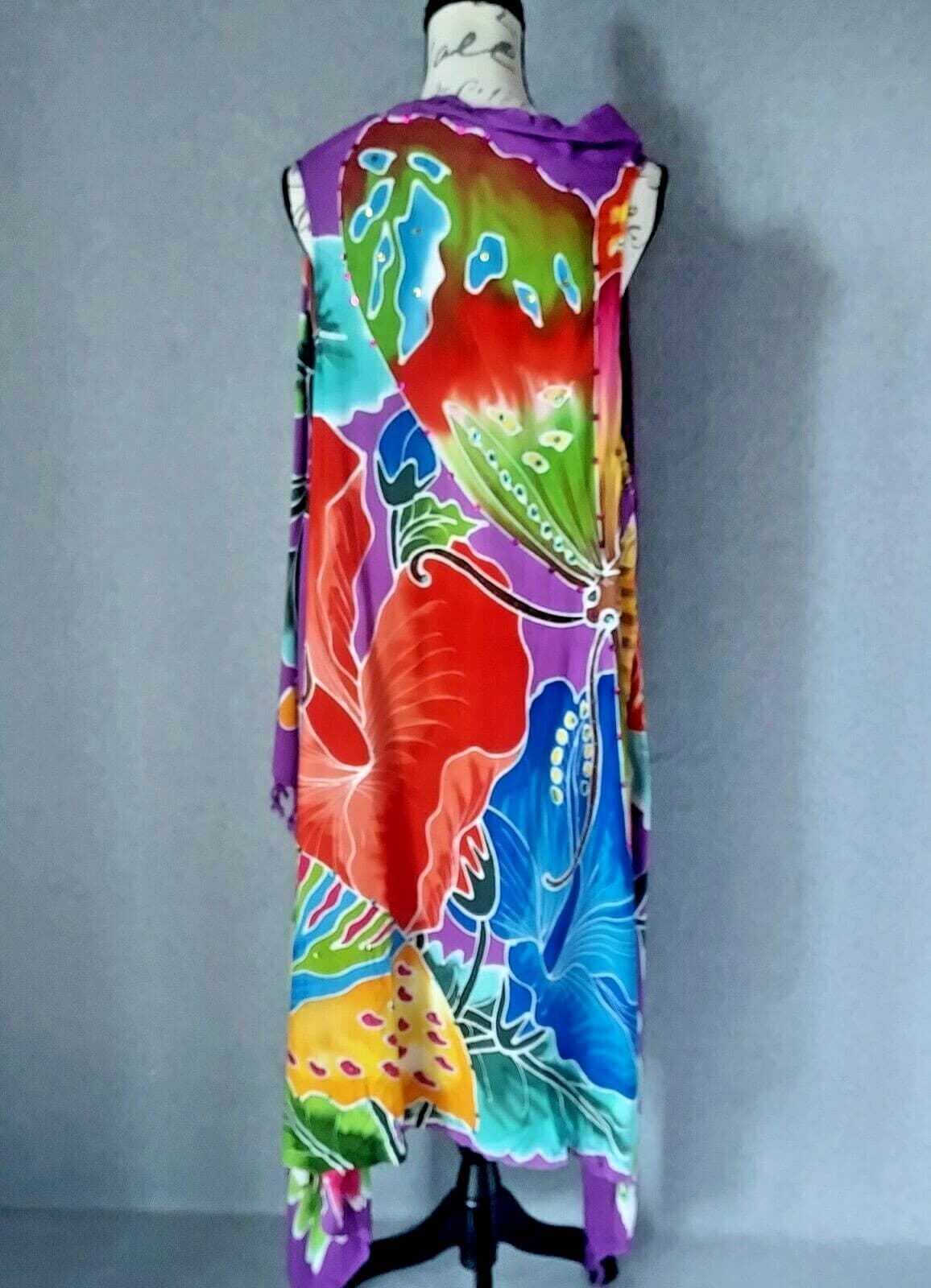Tropical Batik Beach Cover Dress Bead Embellished Multicolor Fringe One Size