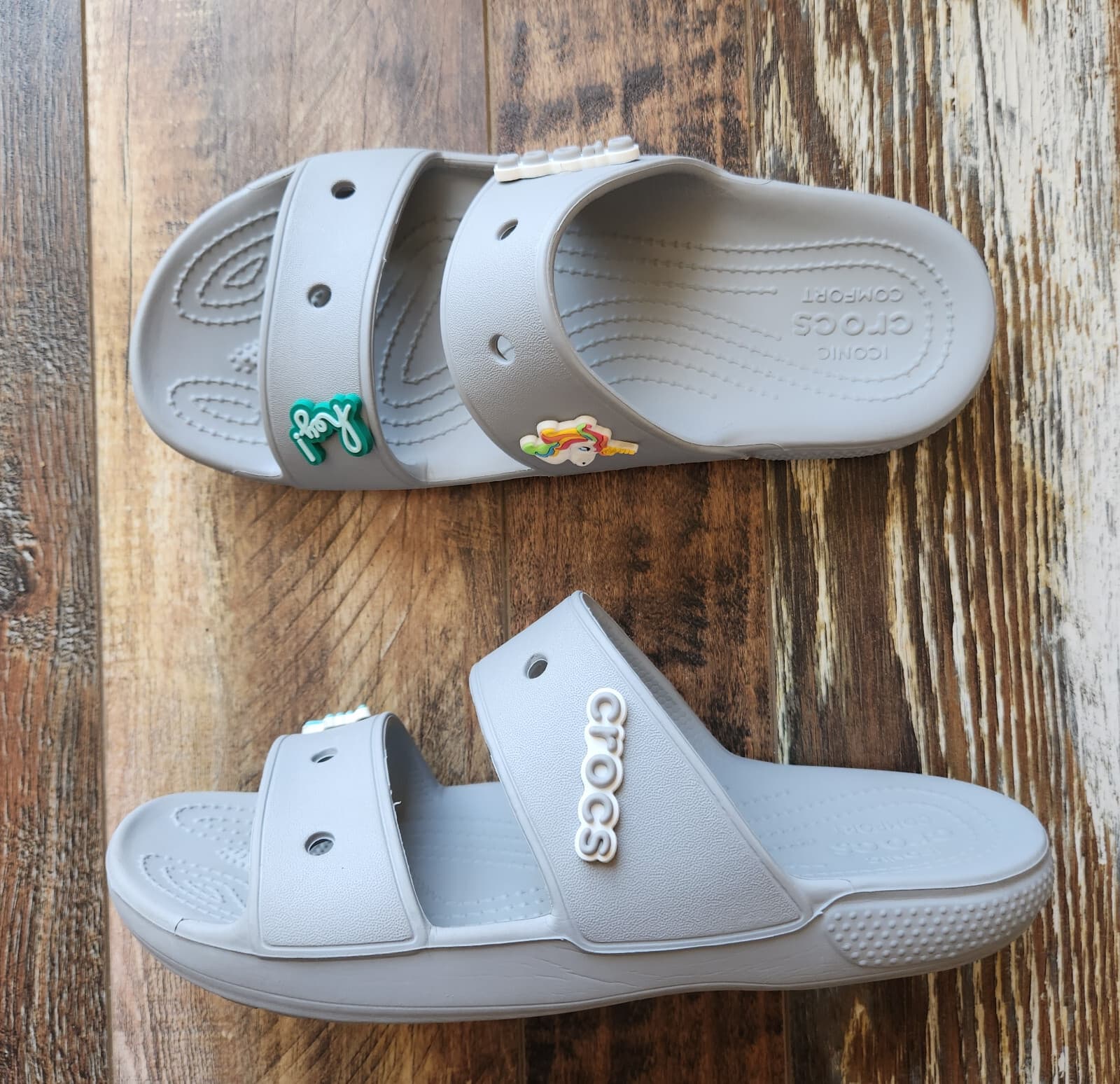 CROCS Classic Slide Comfort Sandals With 3 Jibbitz Grey Unisex Men 7 Women 9