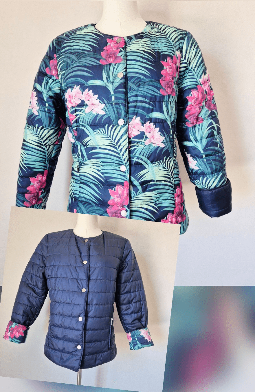 Tommy Bahama Floral Island Navy Reversible Snap Puffer Jacket Zip-Pocket Women S