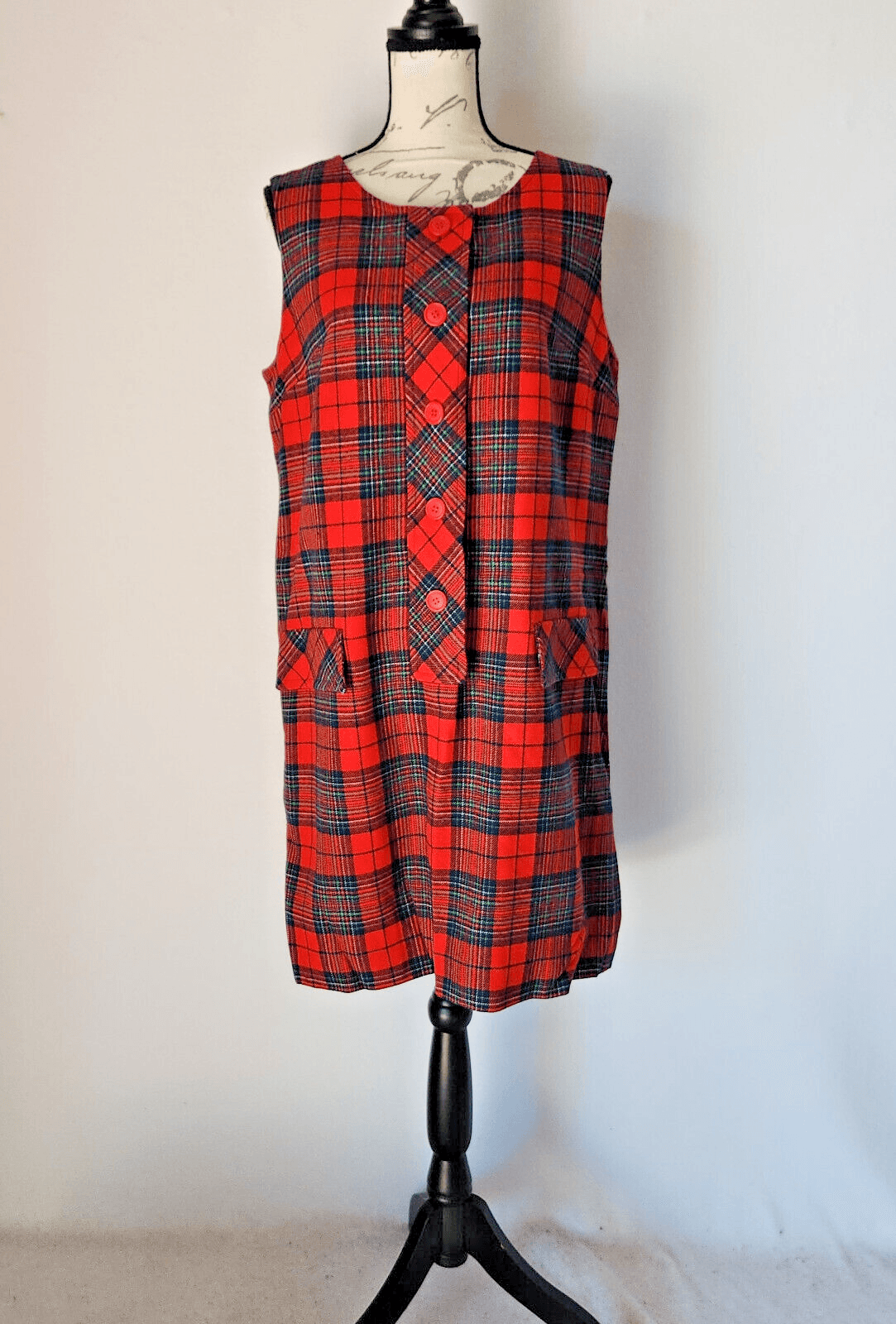 Vintage Pendleton Wool Plaid Mini Sheath Dress Button Sleeveless Lined Red Sz.16