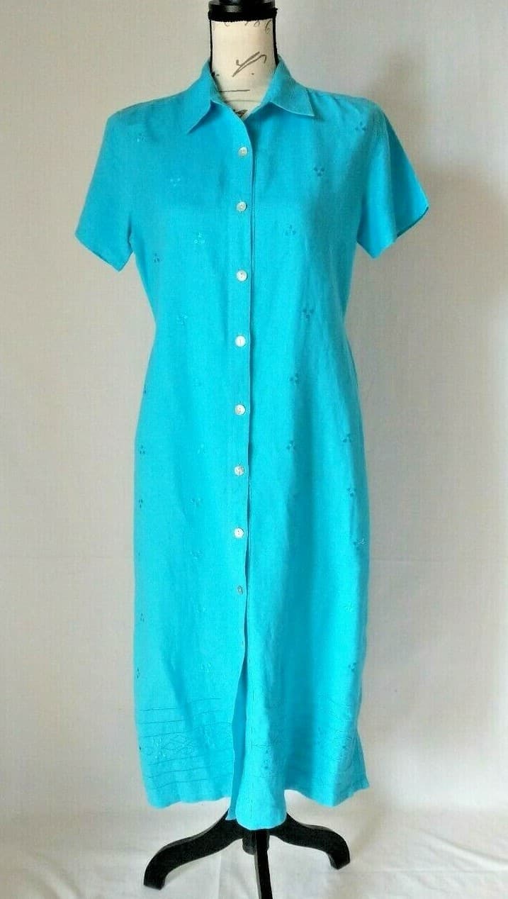J.A. STUDIO Embroidered Linen Midi Shirt Dress Short Sleeve Button-Down Blue M