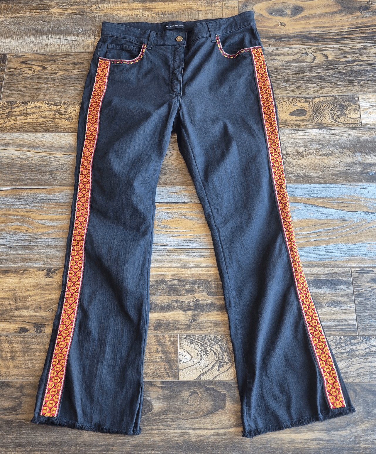 Etro Made in Italy Embroidered High Rise Kick Flare Jean Fray-Hem Black Women 32