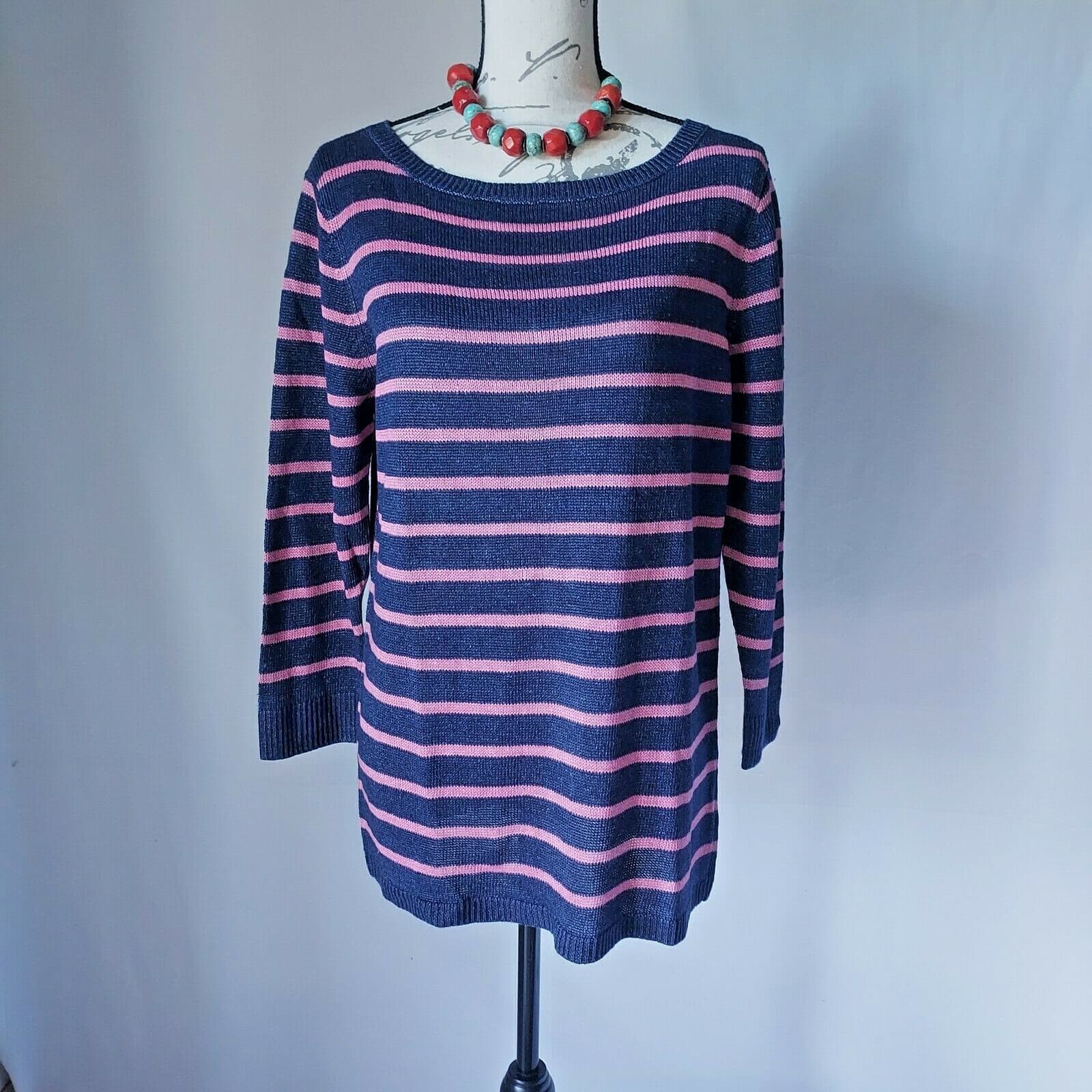 Talbots 100% Linen Sweater Pullover Boat Neck Navy Blue Pink Stripe Women Sz.L