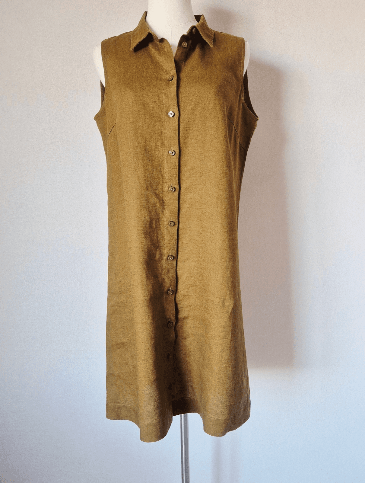 Garnet Hill 100% Linen Sleeveless Tunic Shirt Dress Button-Down Tan-Gold Women 8