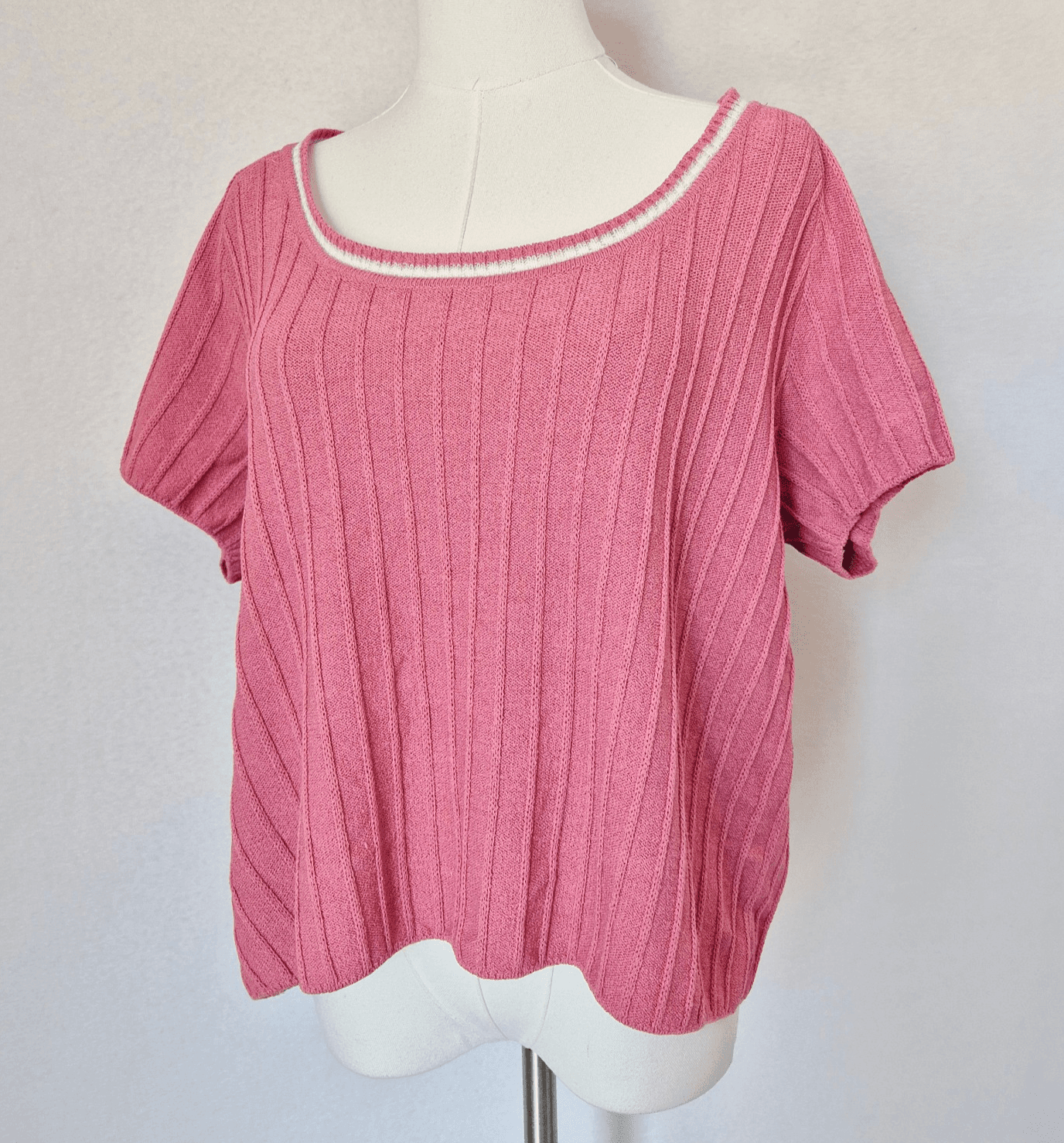 ST. JOHN Sport Wool Blend Santana Ribbed Knit Short Sleeve Top Pink Women's XL