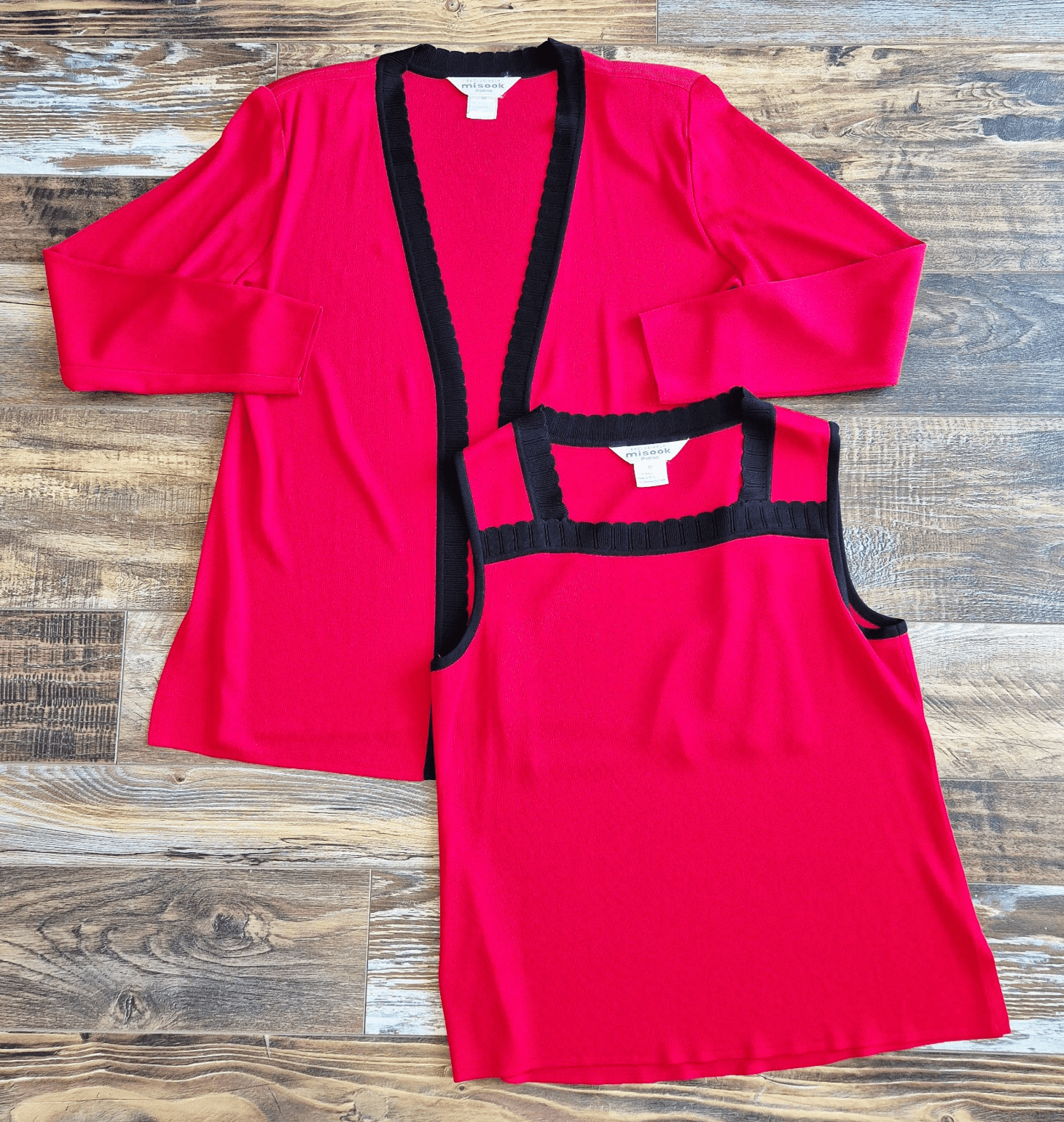Exclusively Misook 2 Piece Tank Top + Open Cardigan Knit Red Black Women's PM