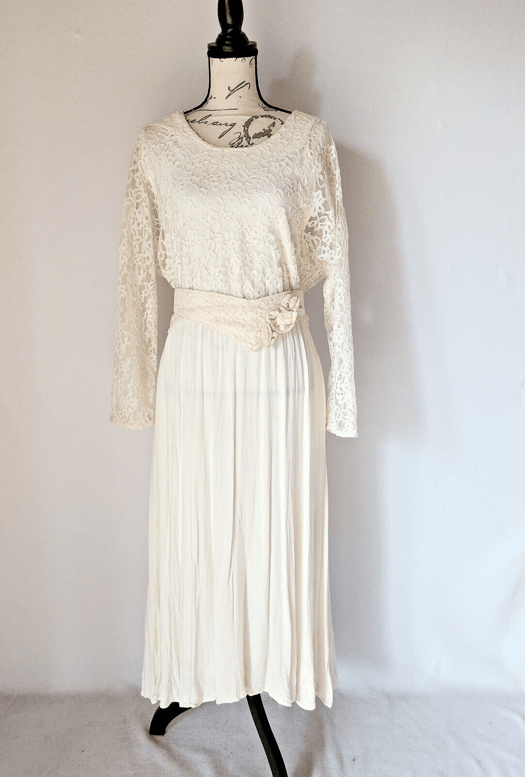 Vintage Spencer Alexis Lace Even Party Maxi Dress Long Sleeve Belt Ivory Sz.12
