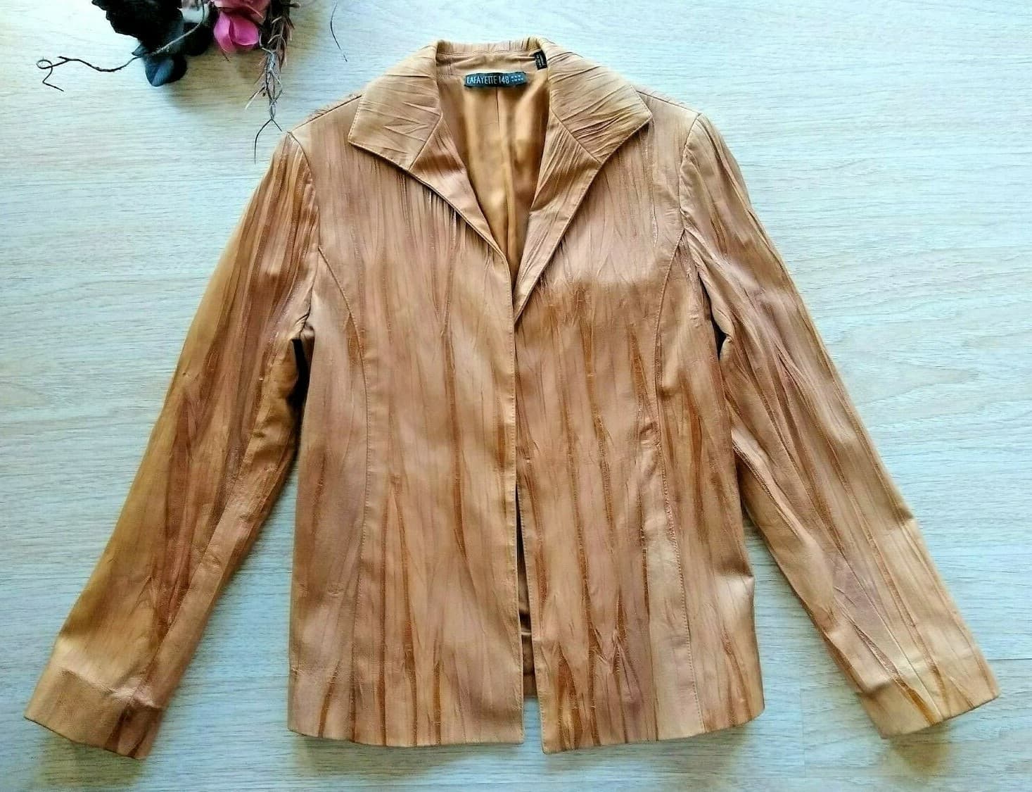 LAFAYETTE 148 NEW YORK 100%Suede Open Front Jacket Lined Texture Brown Sz.10