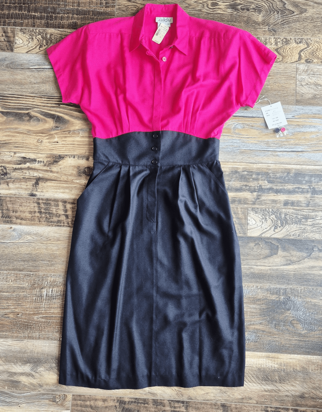 Vintage NWT AXIOM 100% Silk Sheath Dress Pleated Pocket Fuchsia Black Women's 16