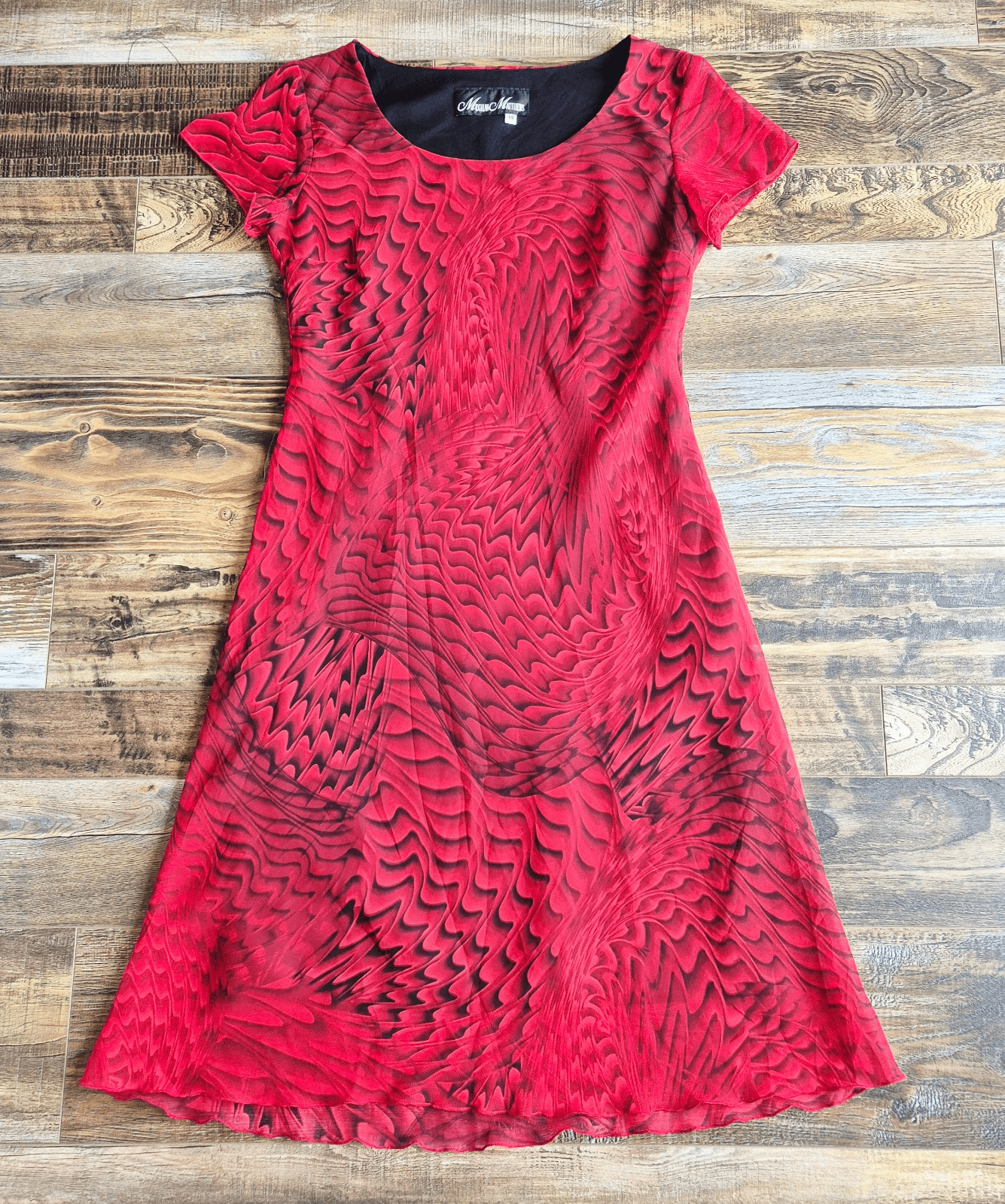 Vintage Meghan Matthes Feather Cheer Chiffon Midi Dress Lined Red Black Size 14