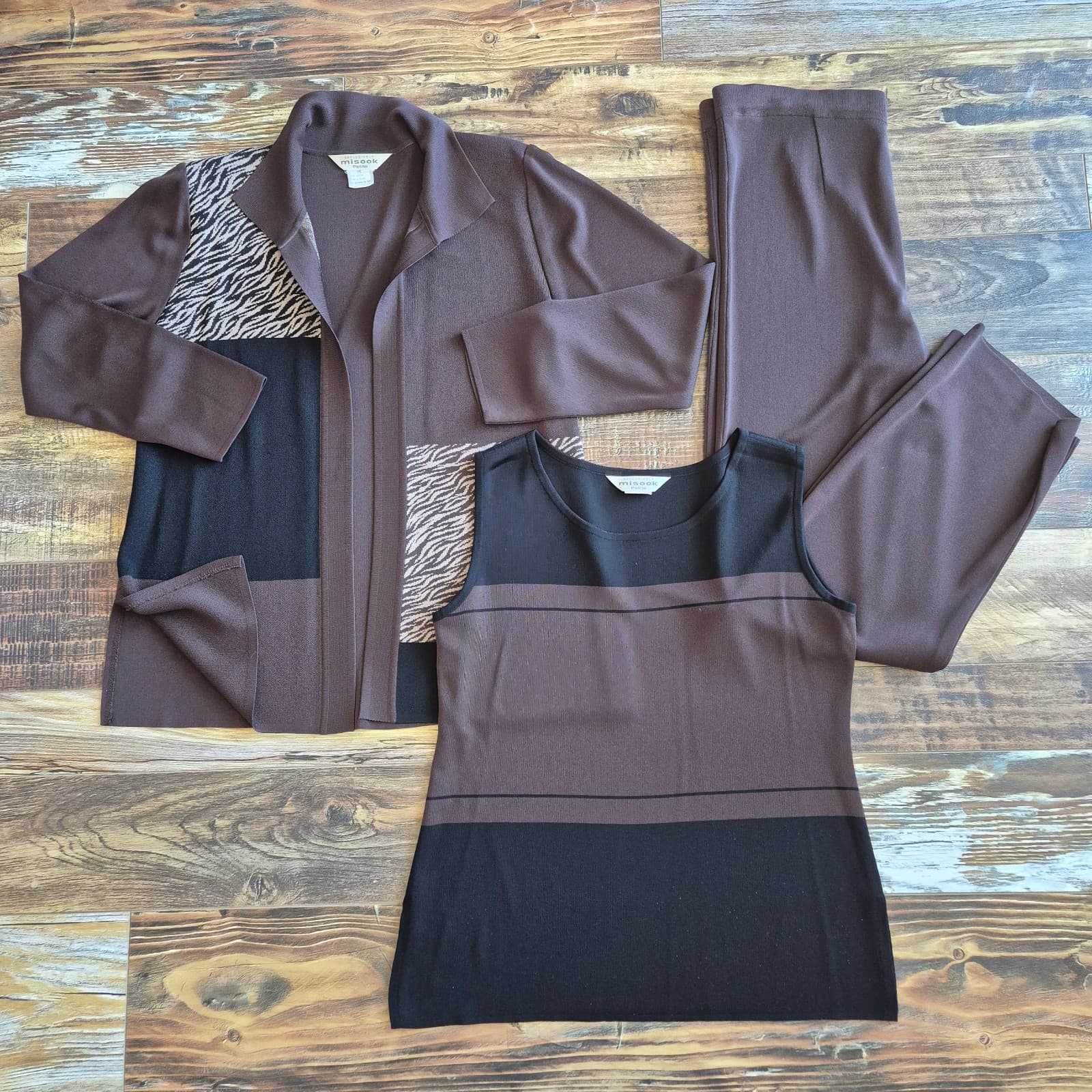 Exclusively Misook 3 Piece Tank Top + Open Cardigan Pants Knit Brown Black Sz.PM