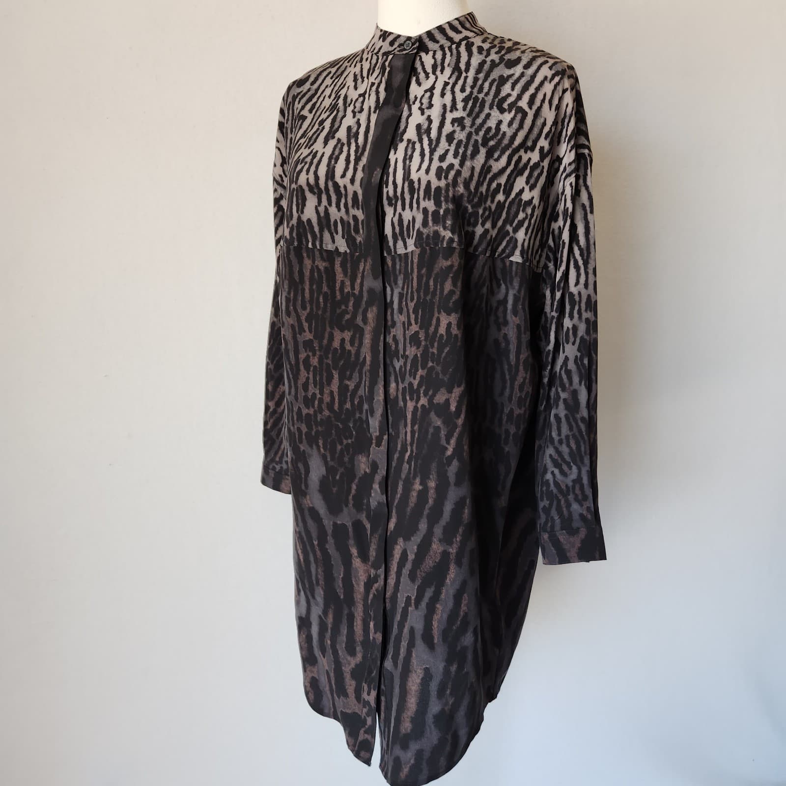 NWT AllSaints Helle Sinai Leopard Silk Shirt Dress Long Sleeve Taupe Sz.4 $340