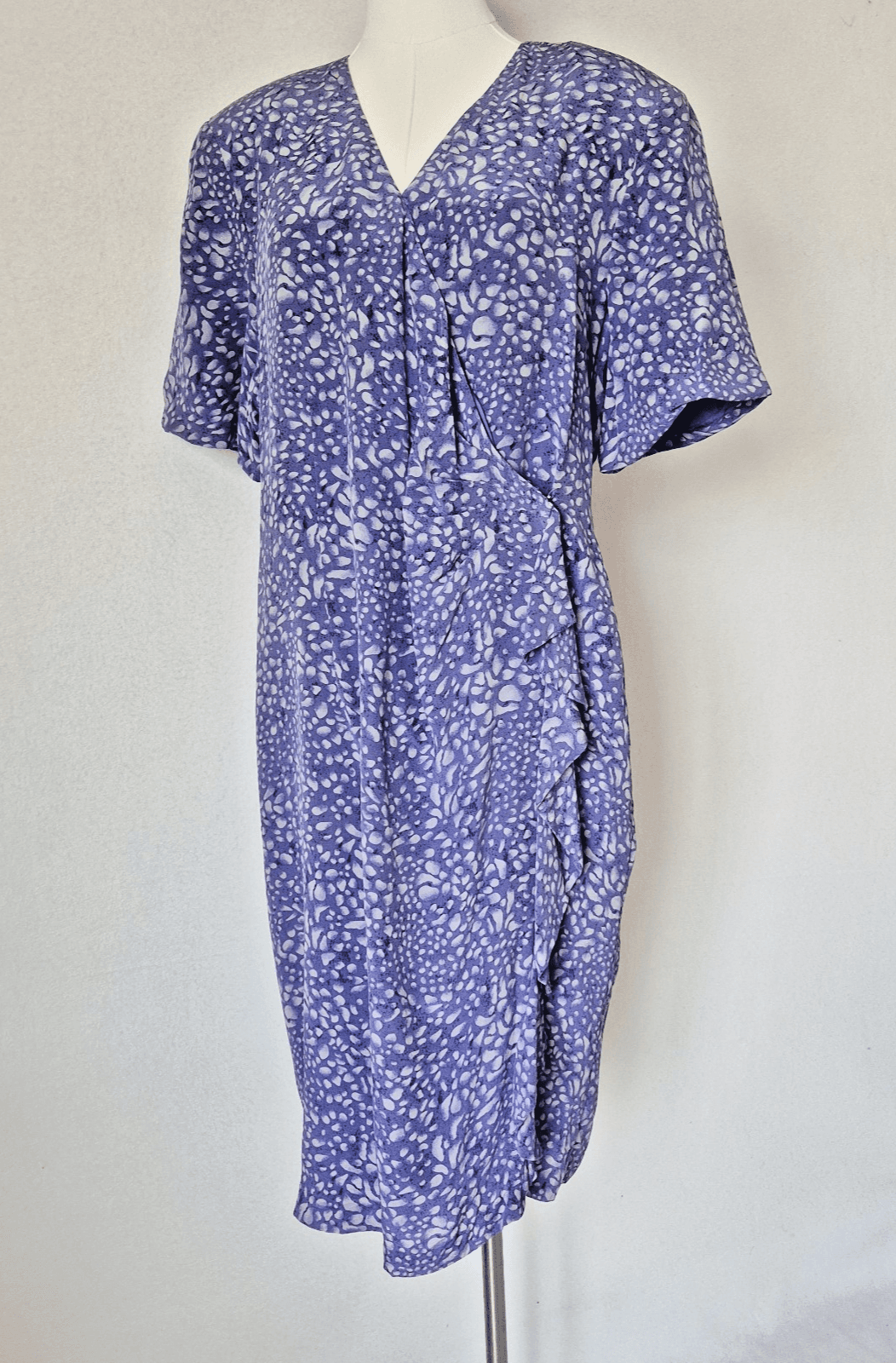 Vintage Spenser Jeremy Silk Ruffle Wrap Dress Short Sleeve Printed Purple Sz.16