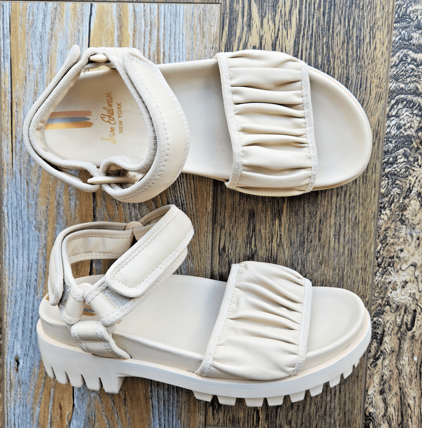 Sam Edelman Edythe Leather Ankle-Strap Sandals Adjustable Lug Sole Beige US7.5M
