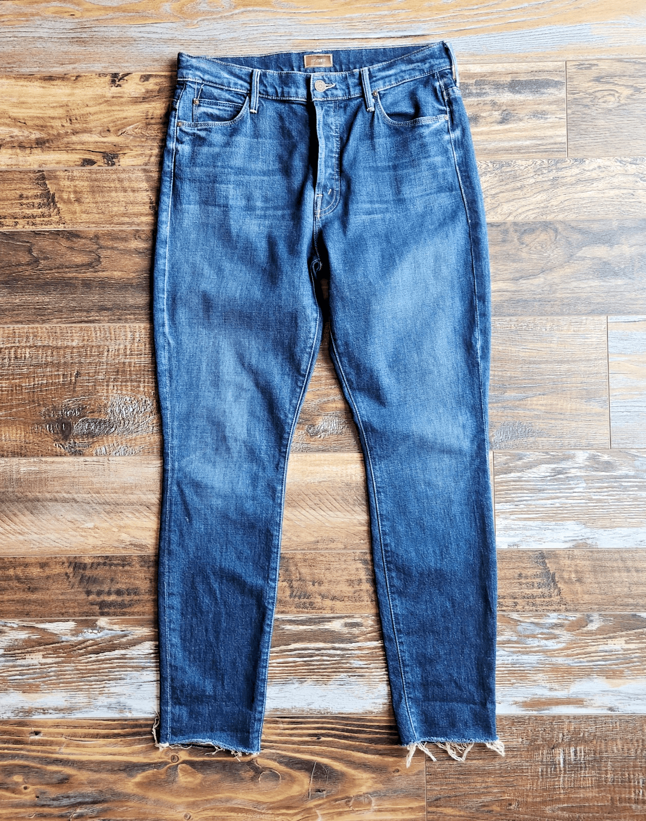 MOTHER The Stunner Fray Skinny High Rise Jean Buttonfly Roasting Nuts Blue Sz.29