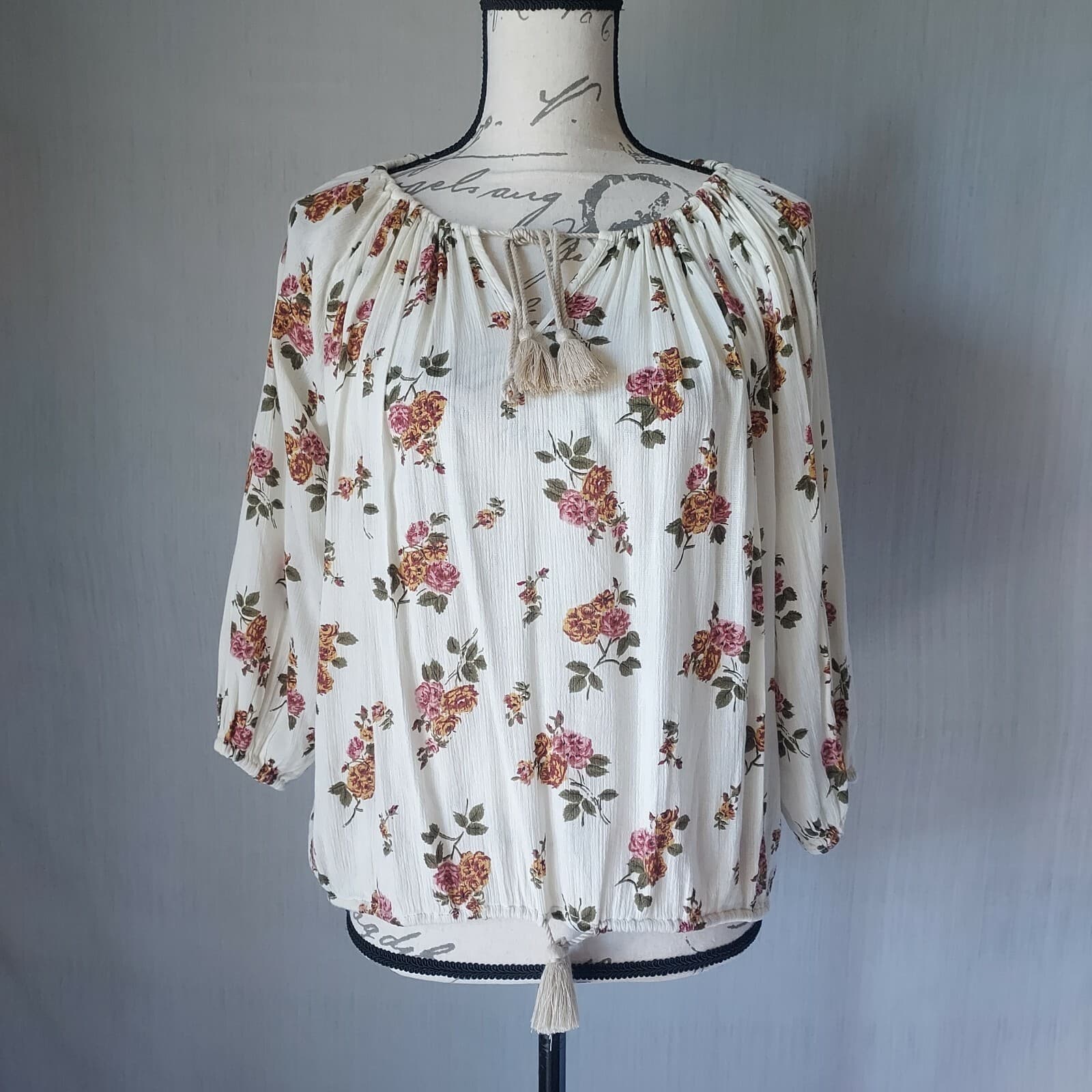 NWT Denim $ Supply Ralph Lauren Floral Tassel Boho Top Puff-Sleeve Cream Small
