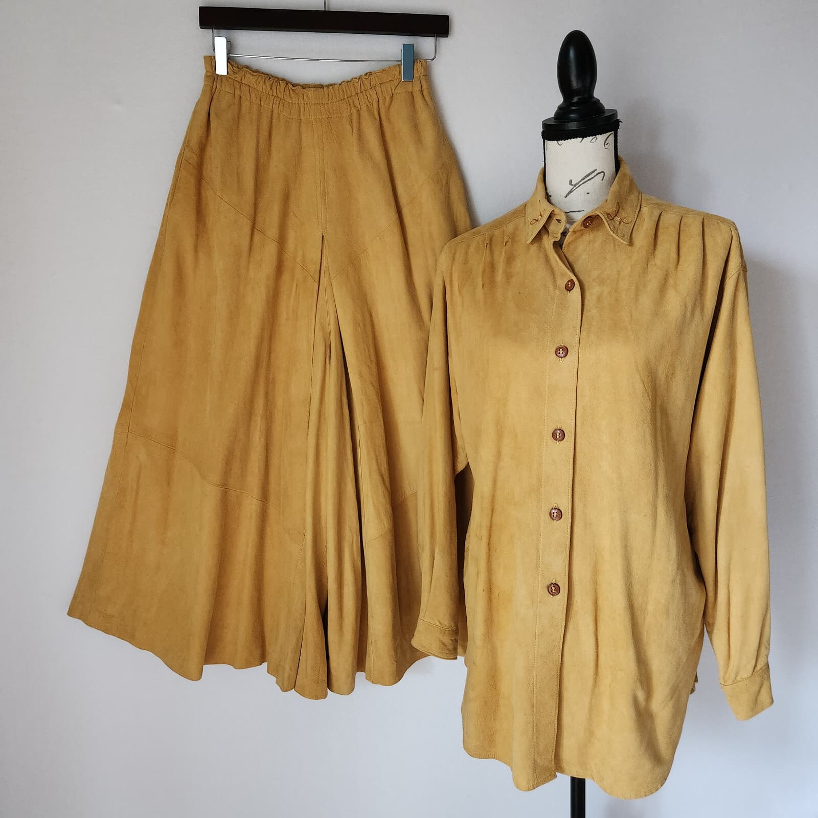 Vintage French Creek 2 Piece Soft Suede Western Shirt+Wide Leg Pants Yellow Sz.M
