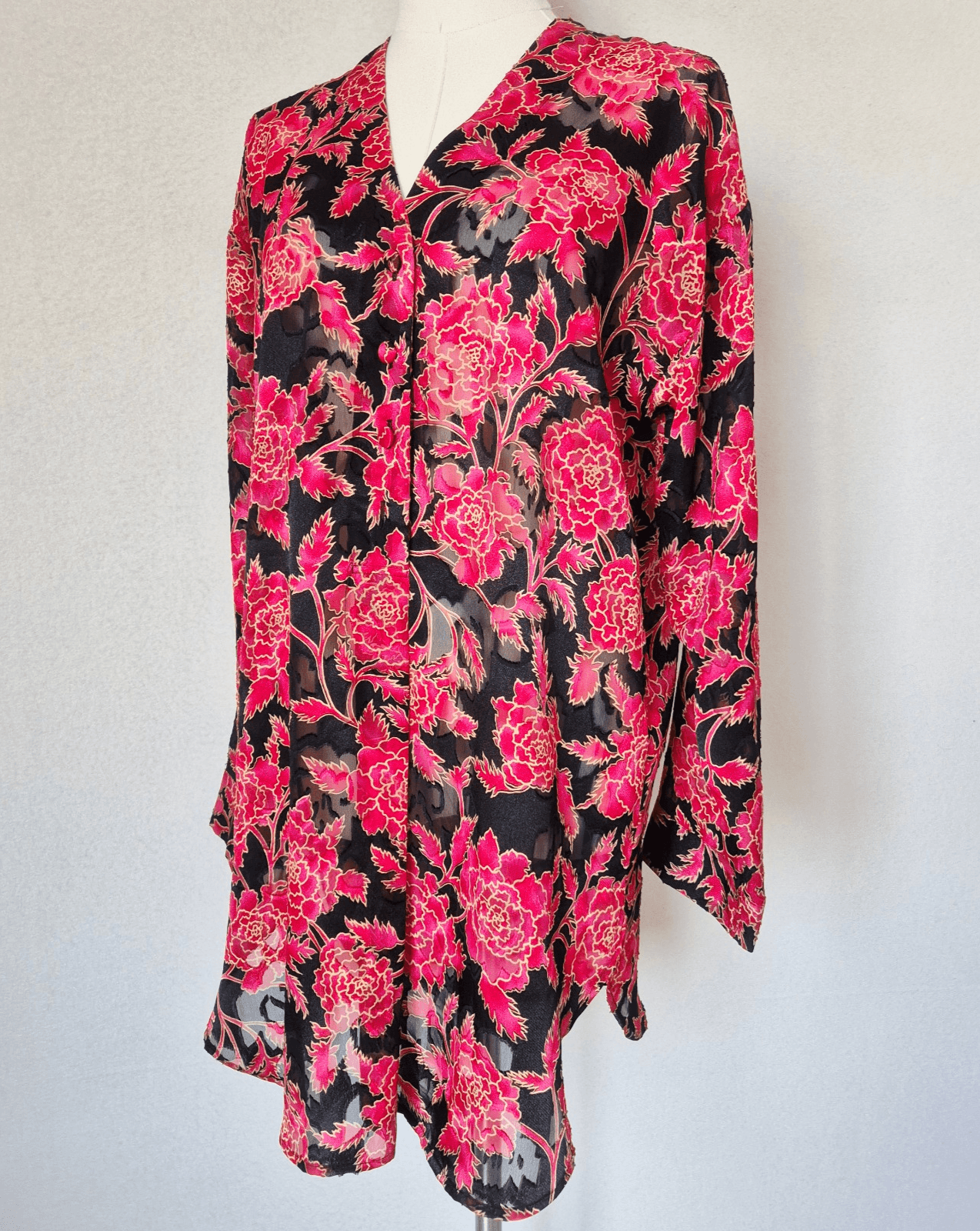 Vintage Victoria's Secret Burnout Chiffon Floral Nightgown Shirt Red Black Sz.S