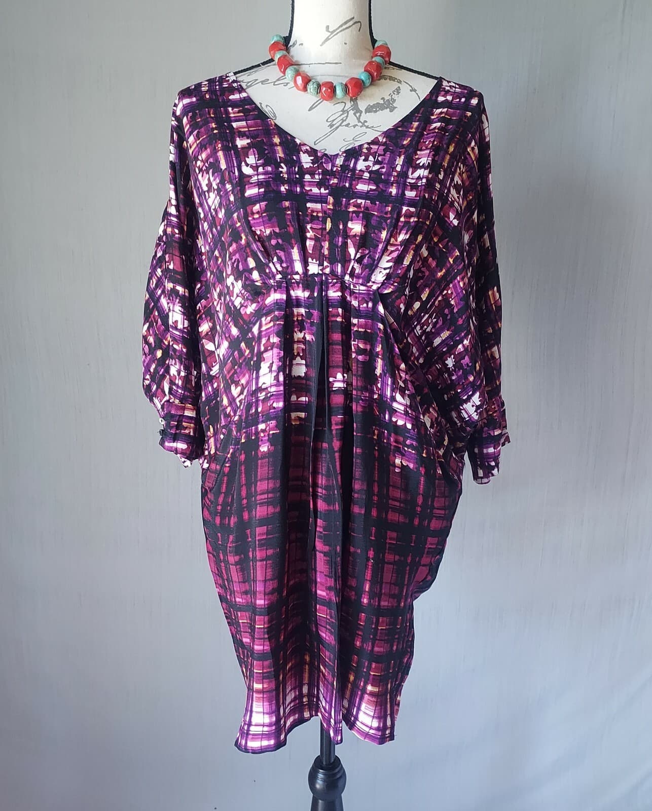 Maeve Anthropologie Crepe Mini Dress Batwing Sleeve Pocket Purple Oversize XS