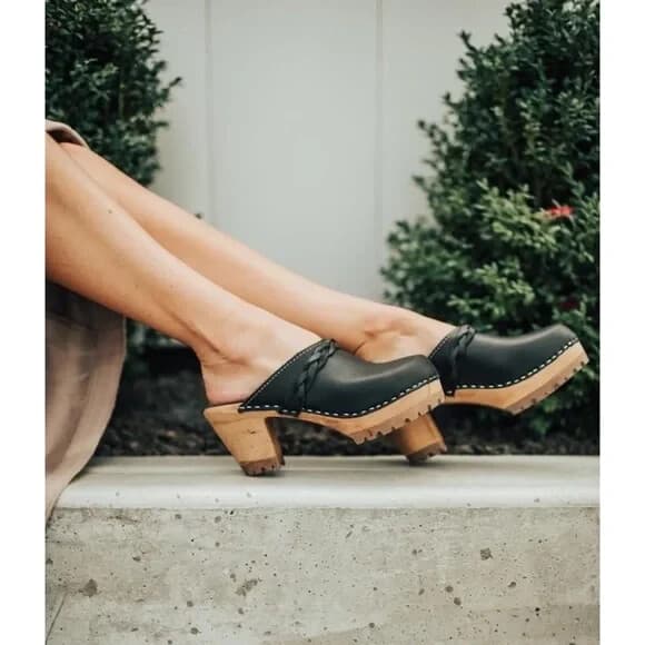 Mia Sweden Elsa Braided Leather Clog Mule Chunky 3" Heel Black Women EU39 US8.5