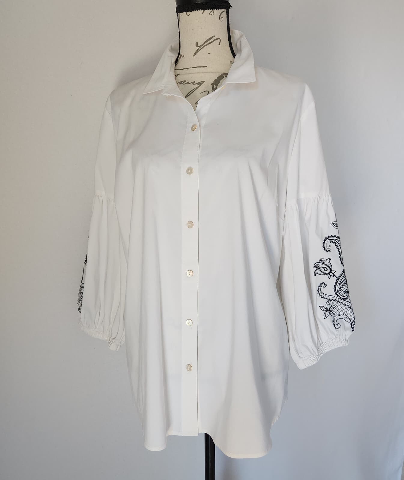 J.Jill White Shirt Collection Paisley Embroidered Button-Up Puff-Sleeve Womens L