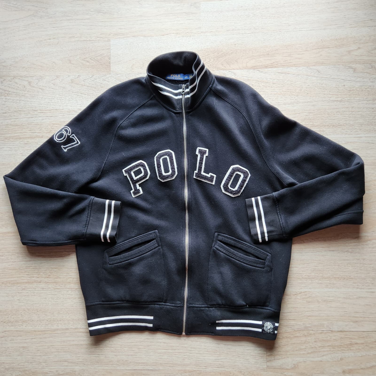 Polo Ralph Lauren Embellished Spell Out Varsity Jacket Fleece Lined Black Mens L