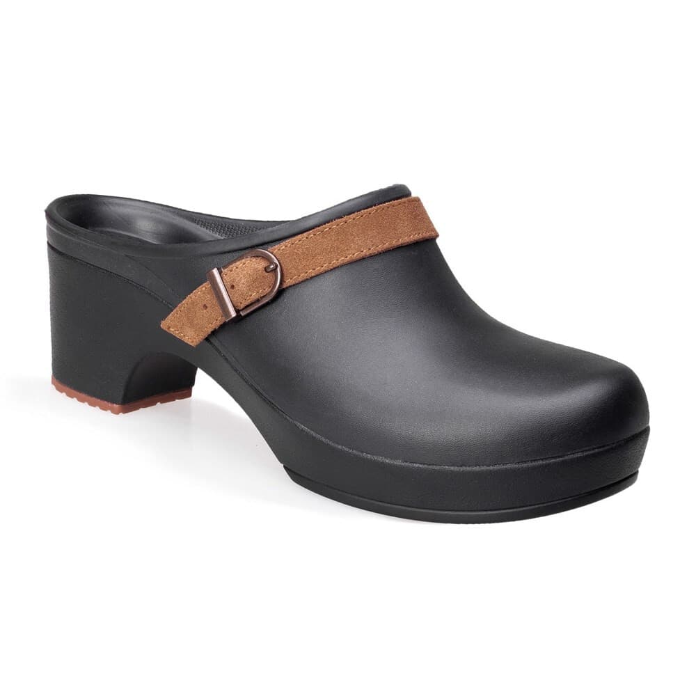 Crocs Sarah Mule Clog Suede Strap Buckle Slide-On 2" Heel Black Women's US9