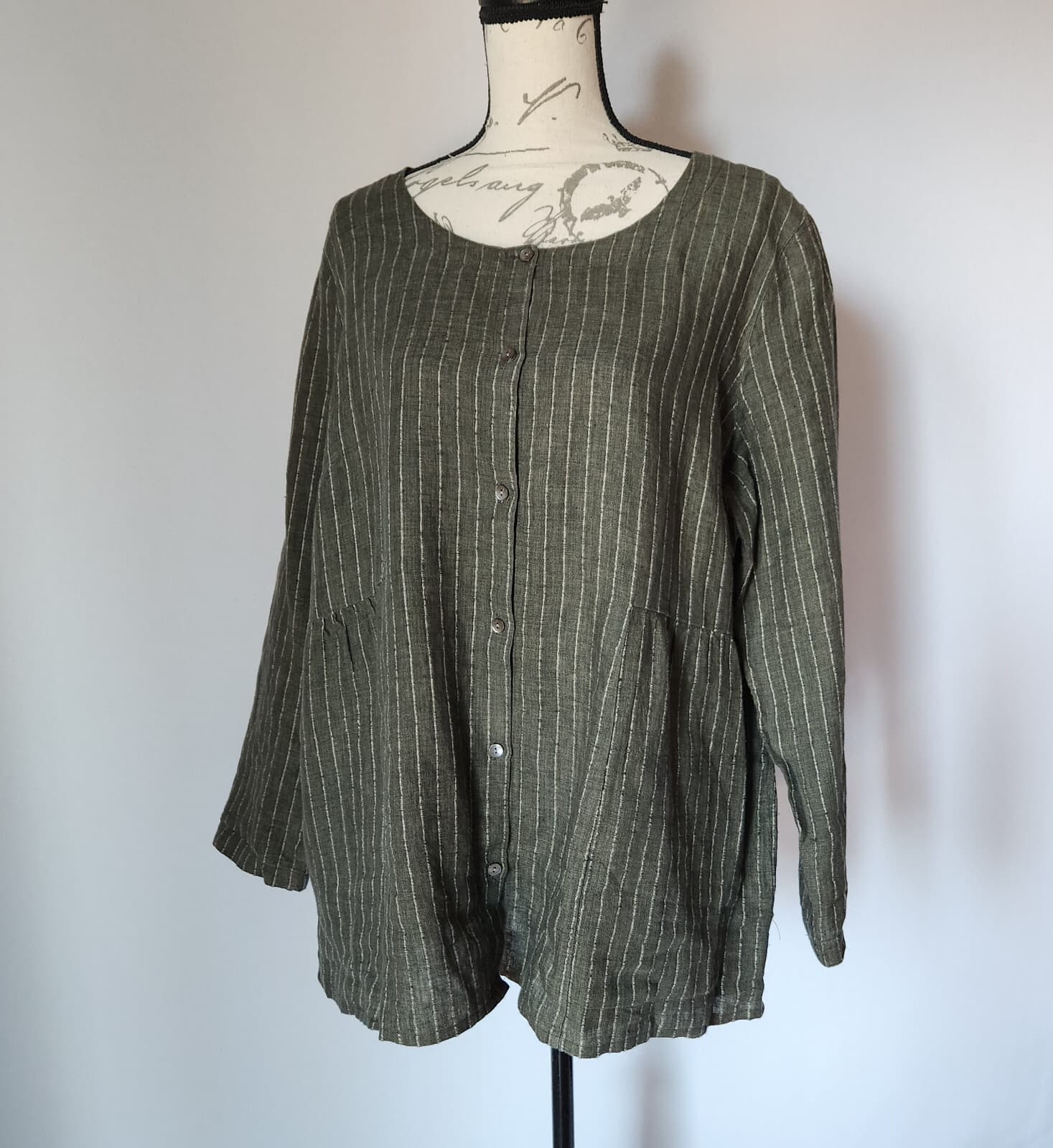 Pure Jill Linen Pin-Stripe Tunic Top Long Sleeve Button Pocket Green Bust 48" XL
