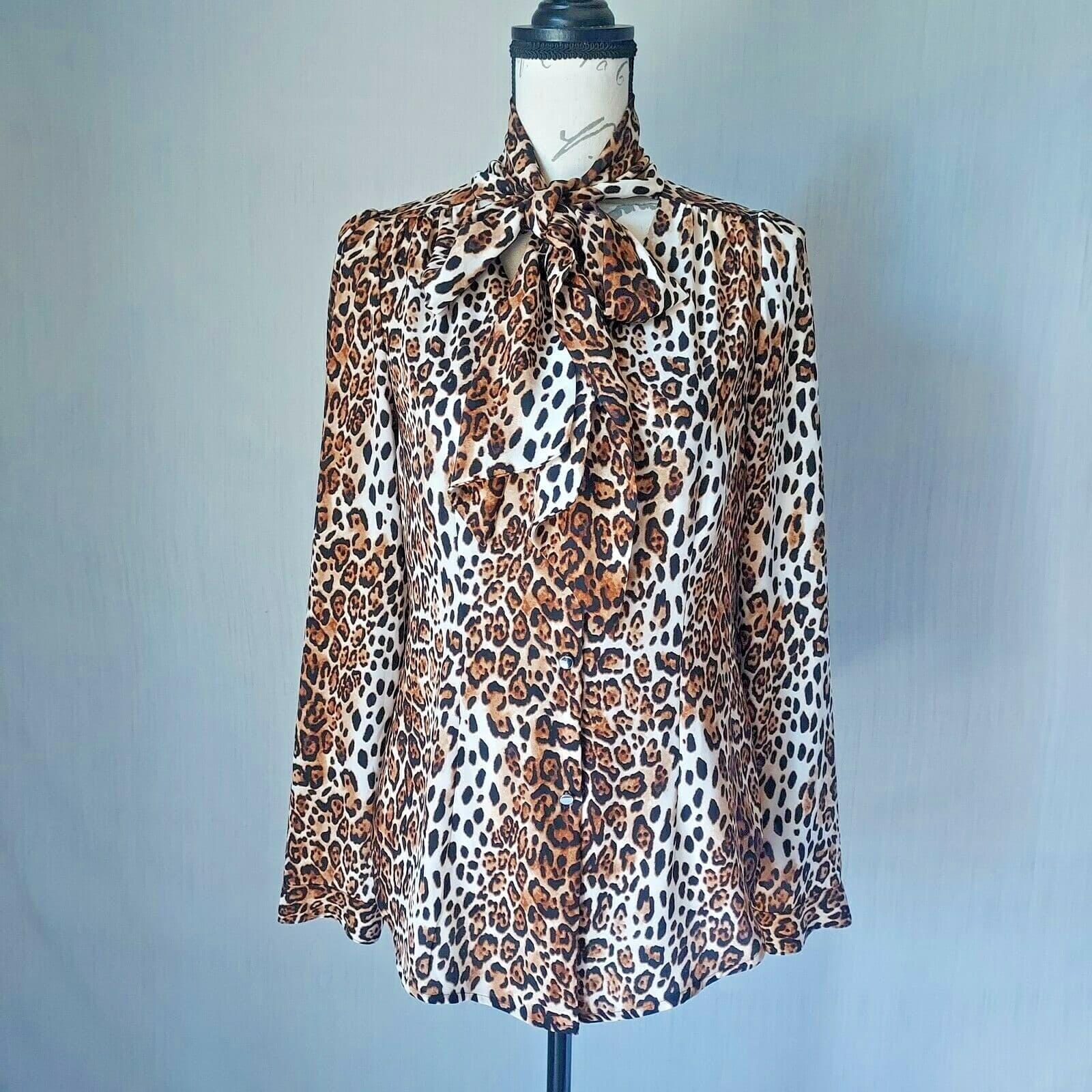 White House Black Market Leopard Tie-Neck Shirt Button Long Sleeve Brown Women 2