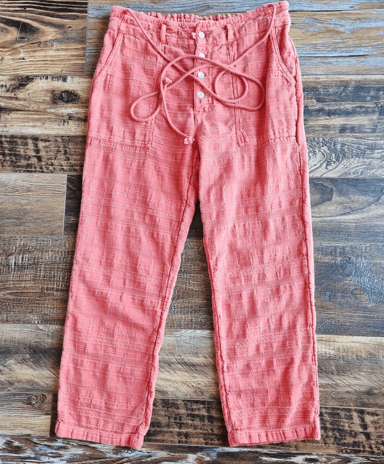 Sundance Coastline Textured Beach Pants Button-Fly Drawstring Cotton Coral Sz.M