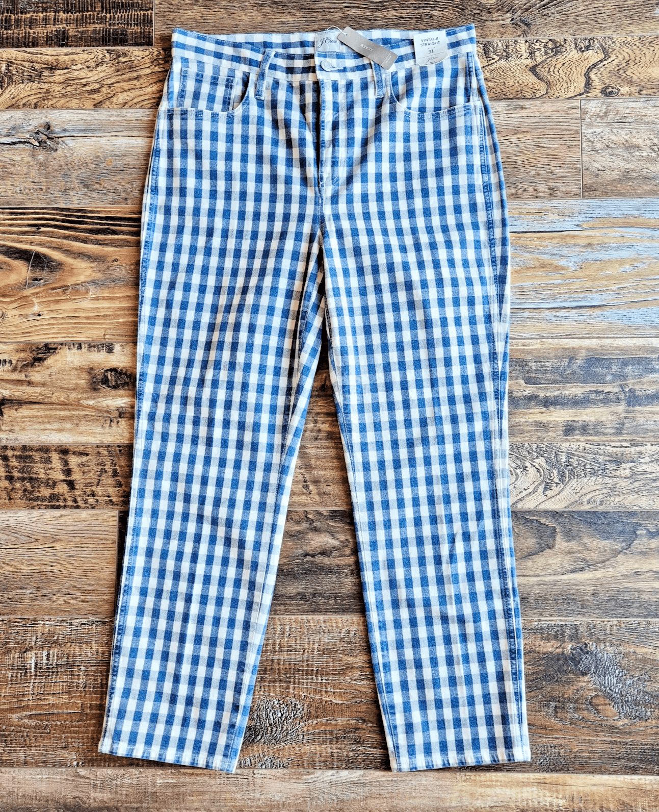 NWT J.Crew Indigo Ivory Gingham Vintage Straight Jeans High Rise Sz.31 #AJ488