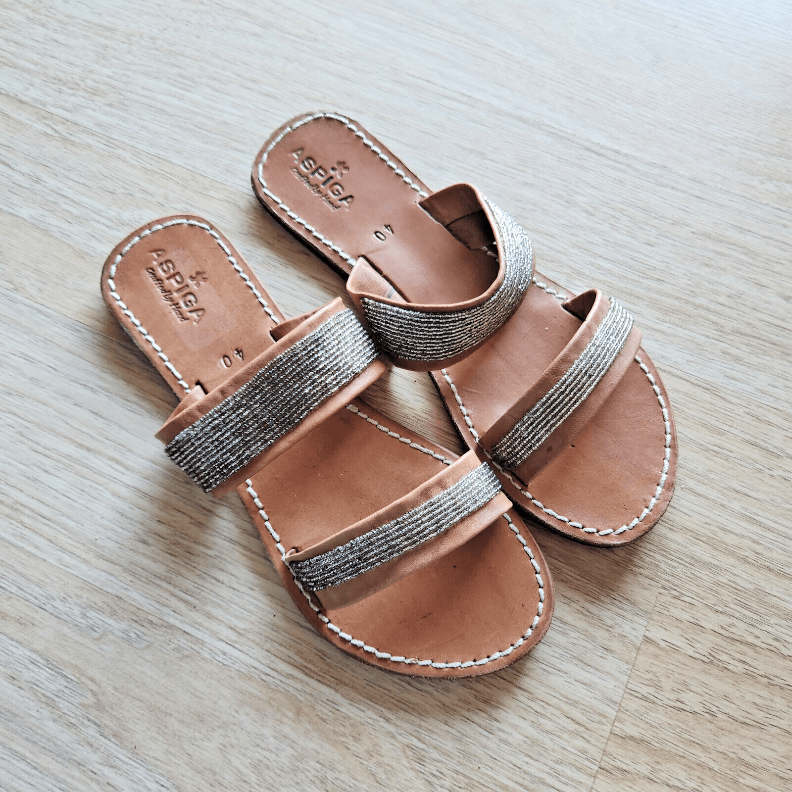 Aspiga Crafted by Hand Leather Beaded Slid Sandals Open-Toe Strap Brown EU40