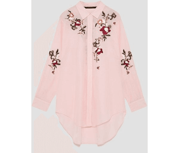 Zara Floral Embroidered Hi-Low Tunnic Button-Up Shirt Roll Tap Sleeve Pink Sz.XS