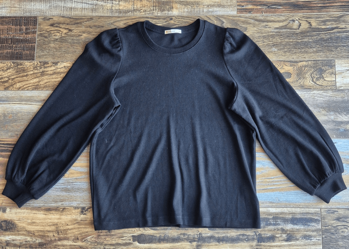 Marine Layer Lexi Ribbed Puff-Sleeve Top Crew Neck Tencel Blend Black Women's M