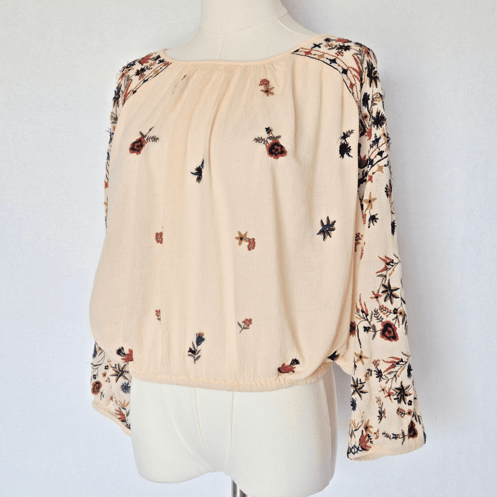 Free People Wild Flowers Embroidered Peasant Blouse 3/4 Sleeve Cream Size M