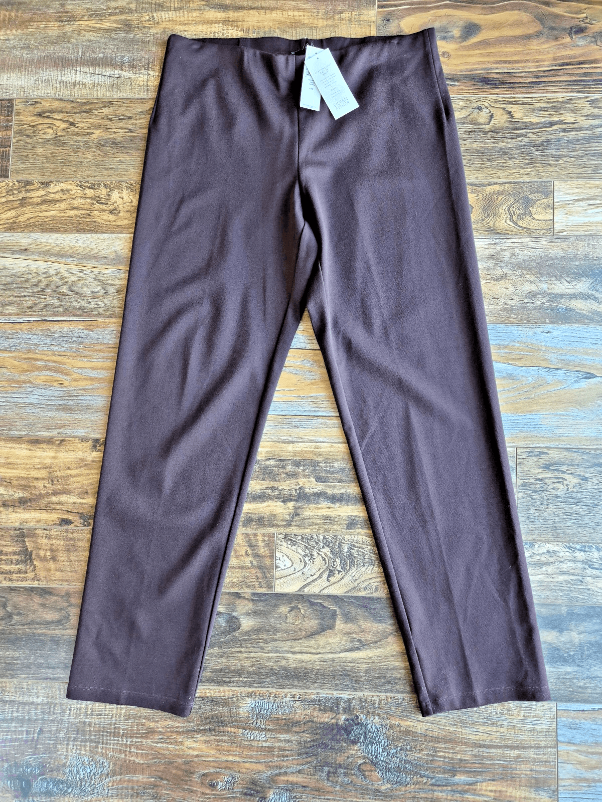 NEW EILEEN FISHER $138 Heavyweight Rayon Knit Pullon Slim Pants Brown Choco Sz.L