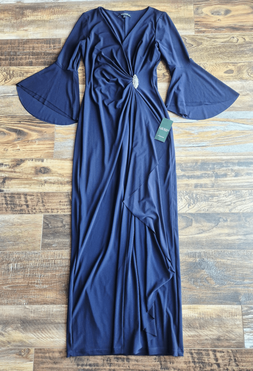 NEW Lauren Ralph Lauren Rhinestone Twist-Front Maxi Evening Gown JerseyNavy Sz.6