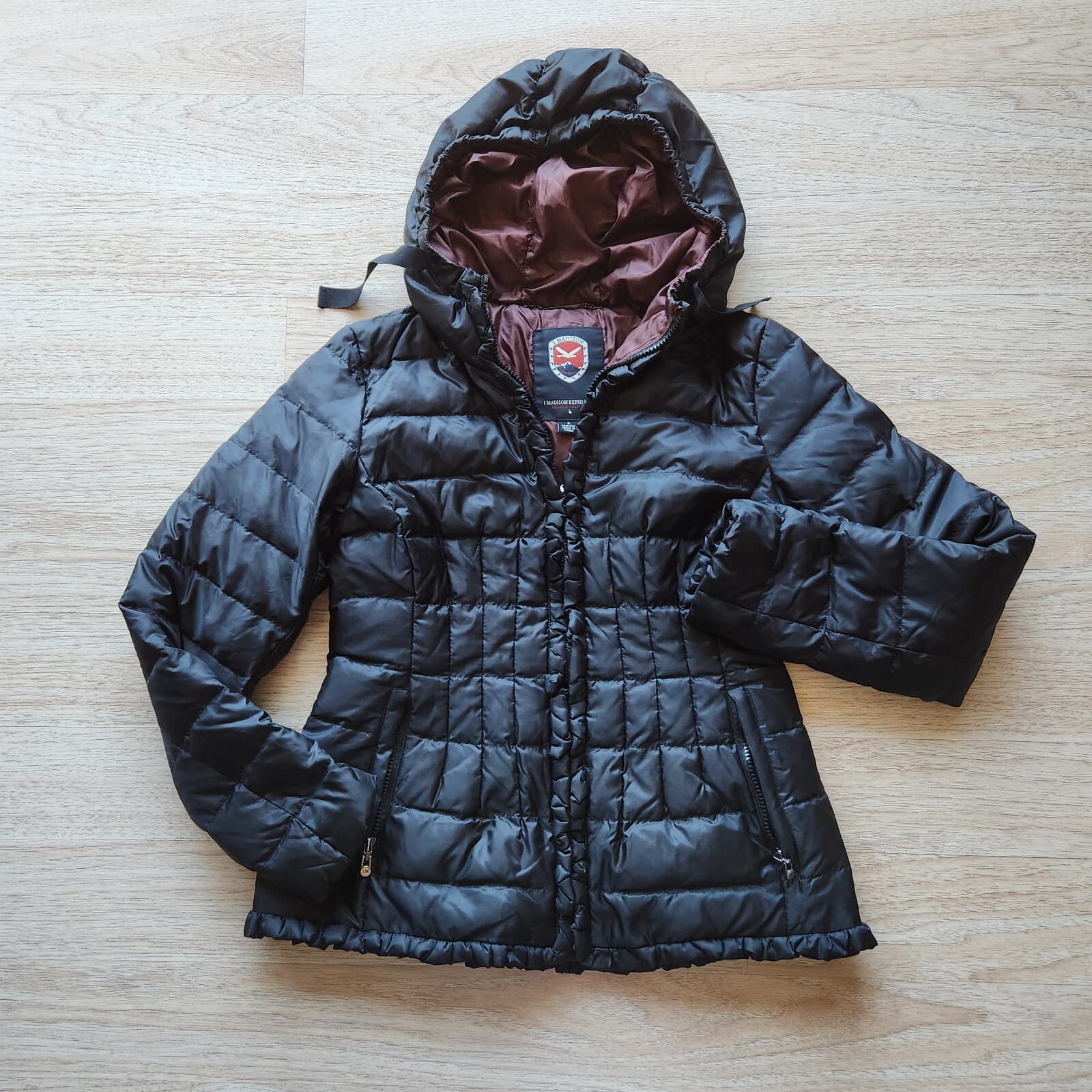 I Madison Expedition Down Puffer Hooded Jacket Ruffle Zip Black Women's S