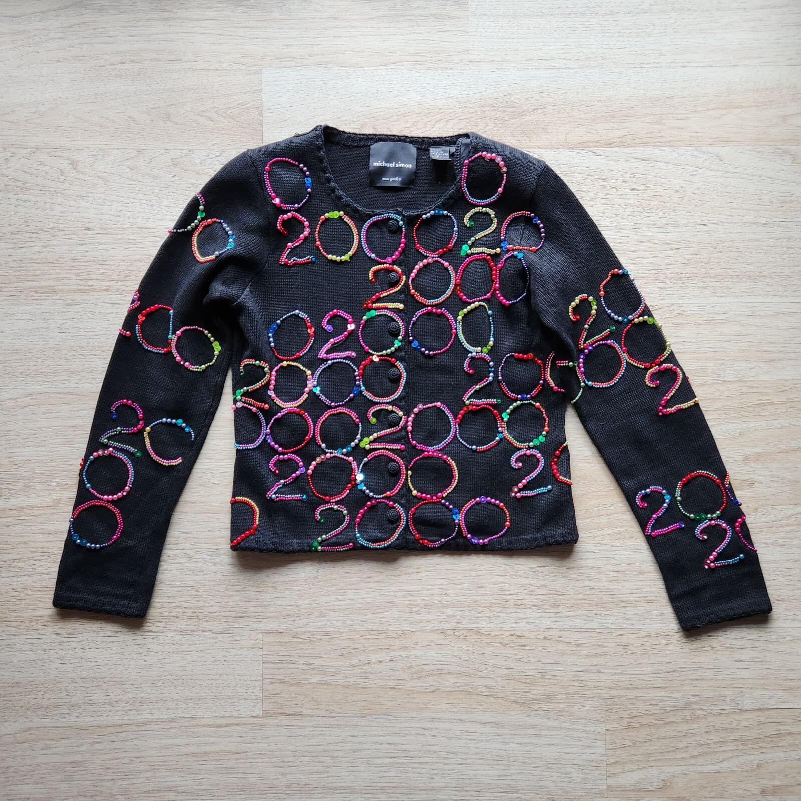 Vintage Y2K 2000 Michael Simon Beaded Cardigan Button Ramie Blend Black Womens S