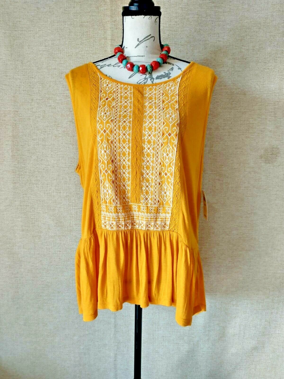 NWT Lucky Brand Embroidered Linen Blend Top Sleeveless Scoop Neck Yellow XL $60