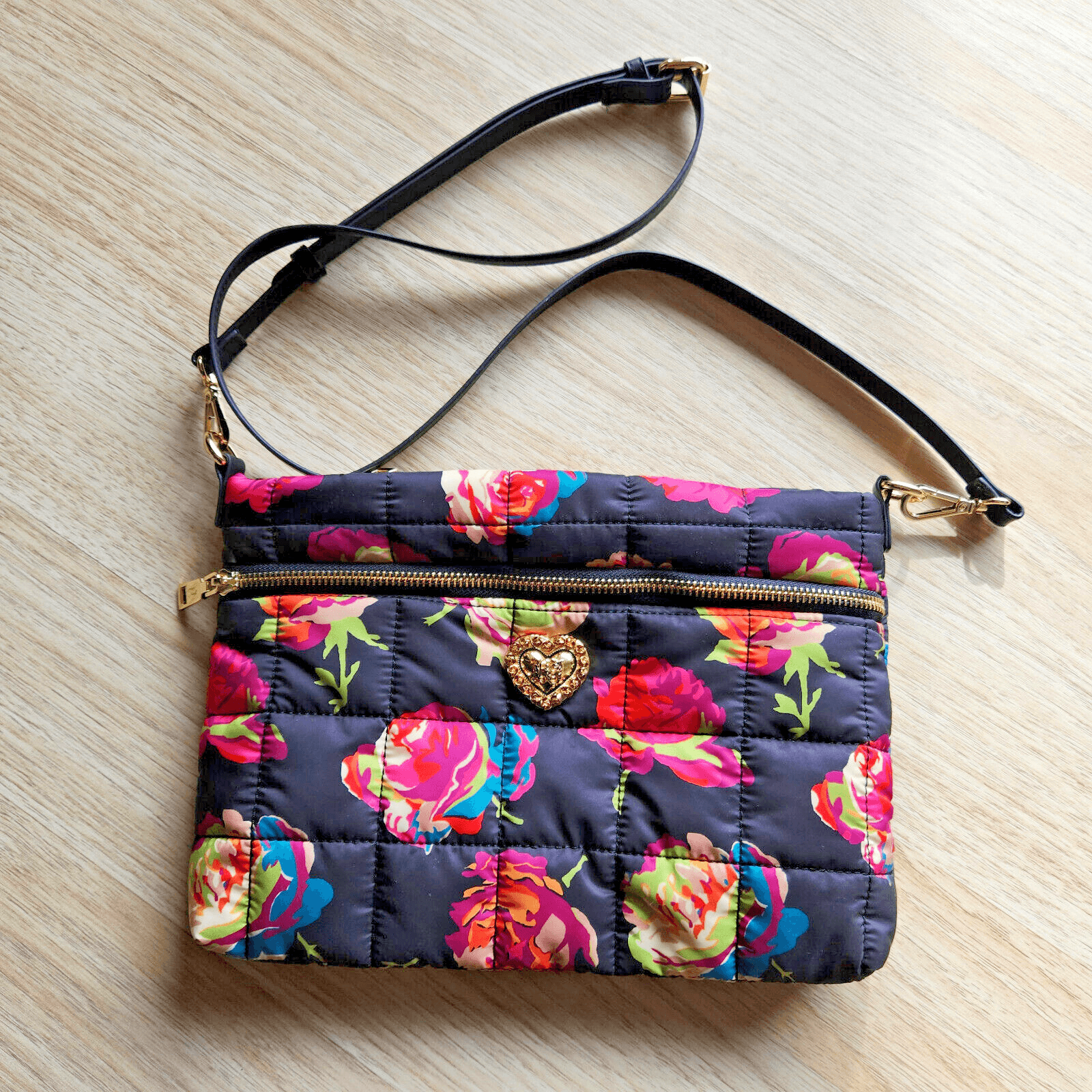 Betsey Johnson Puffy Posey Floral Quilted Crossbody Bag Gold-Tone Hardware