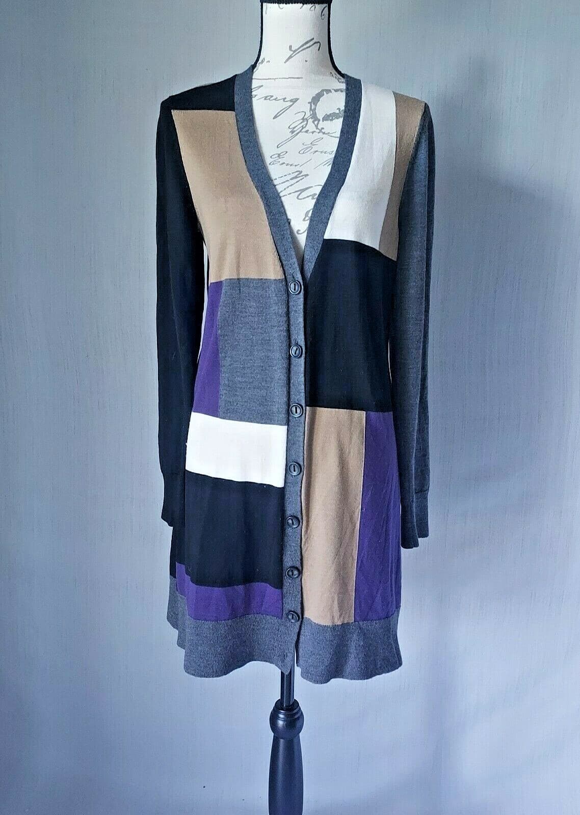ETCETERA 100% Merino Wool Long Cardigan Button Color Block V-Neck Women Large