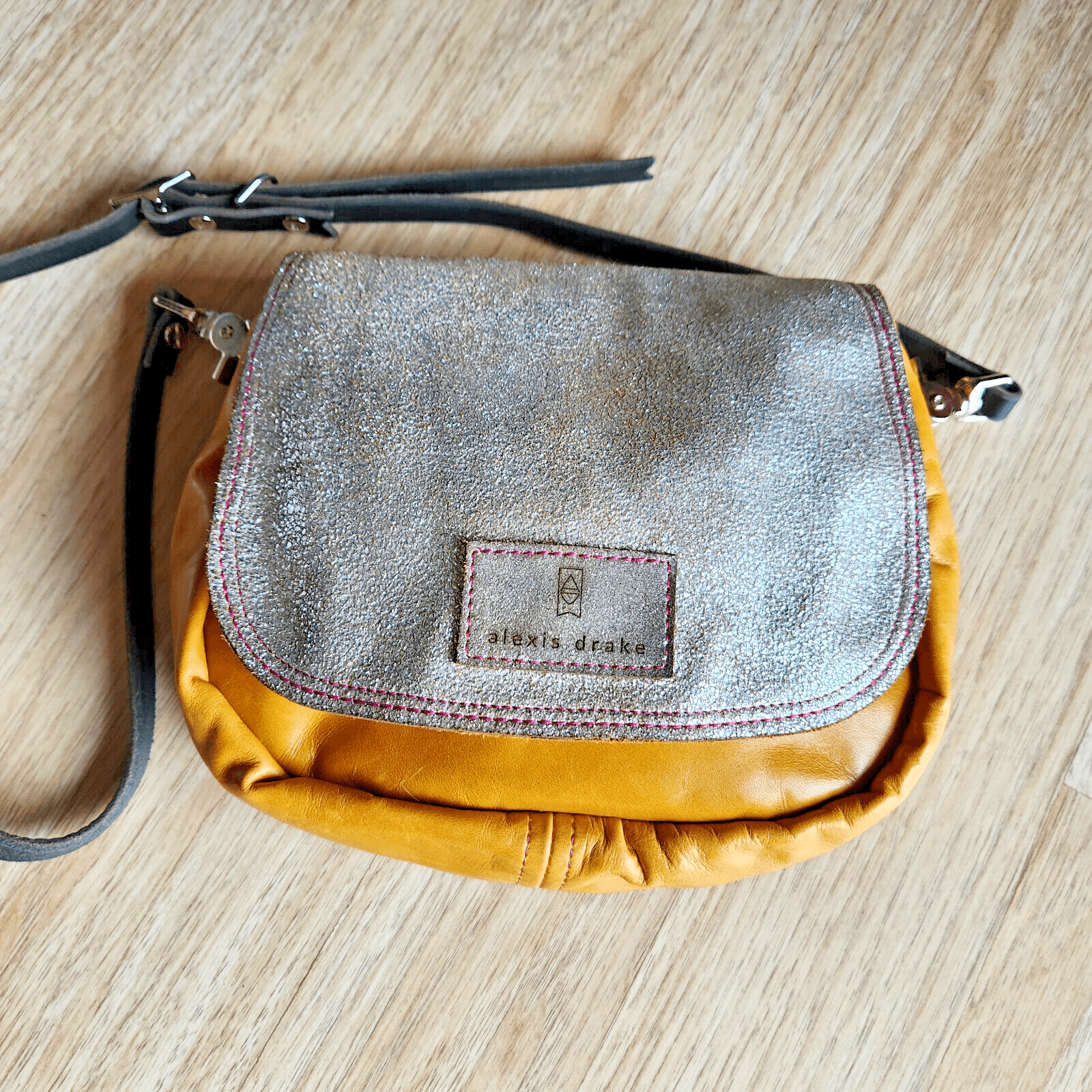Alexis Drake Mini E Crossbody Bag Leather Silver Glitter Yellow Adjustable Strap