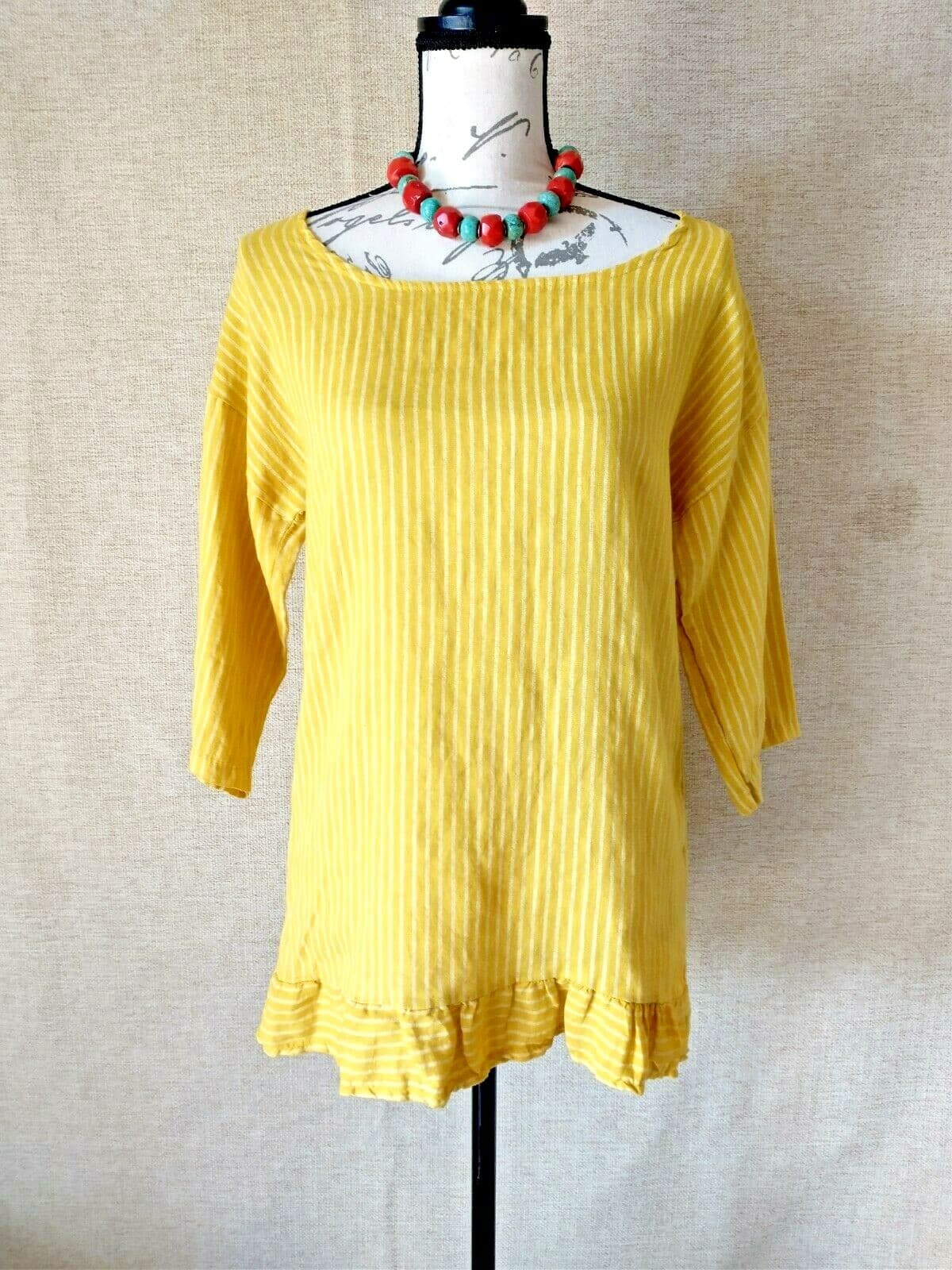 NWT LUNGO L'ARNO Italy 100%Linen Top Blouse 3/4 Sleeve Mustards Strip Women Sz.S